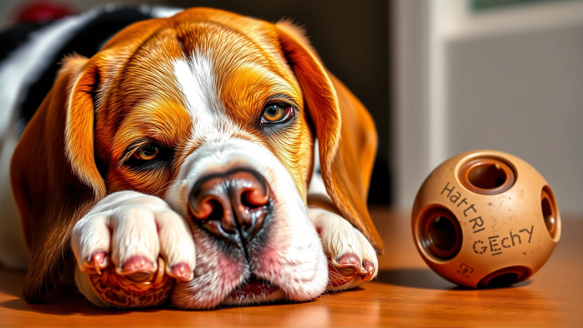 Beagle resting its head on its paws next to an untouched ball, eyes looking sideways, showing mild disappointment.