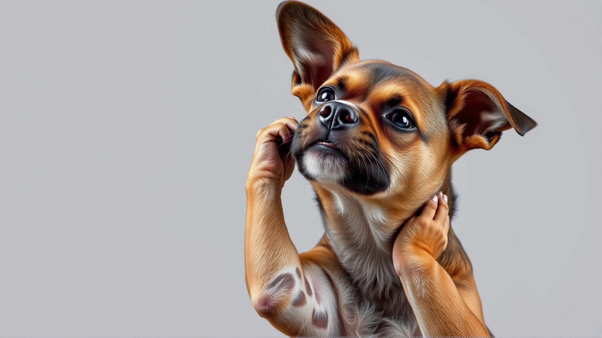 A small dog tilting its head and scratching the side of its neck in mid-air, illustrating signs of discomfort