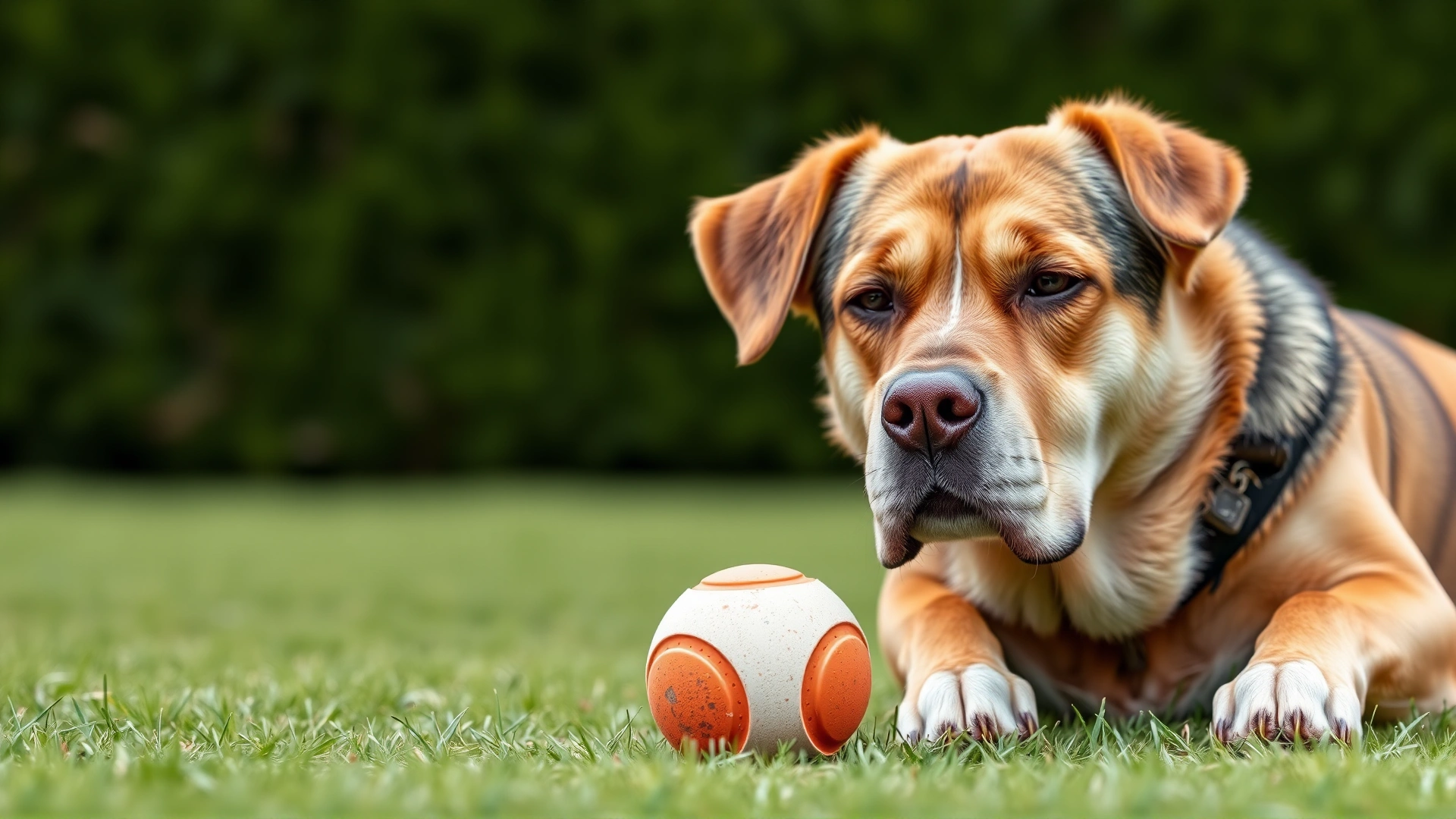 A close-up of a dog sitting calmly while a rubber ball lies untouched in front of it, conveying lack of interest in fetch, green backyard background