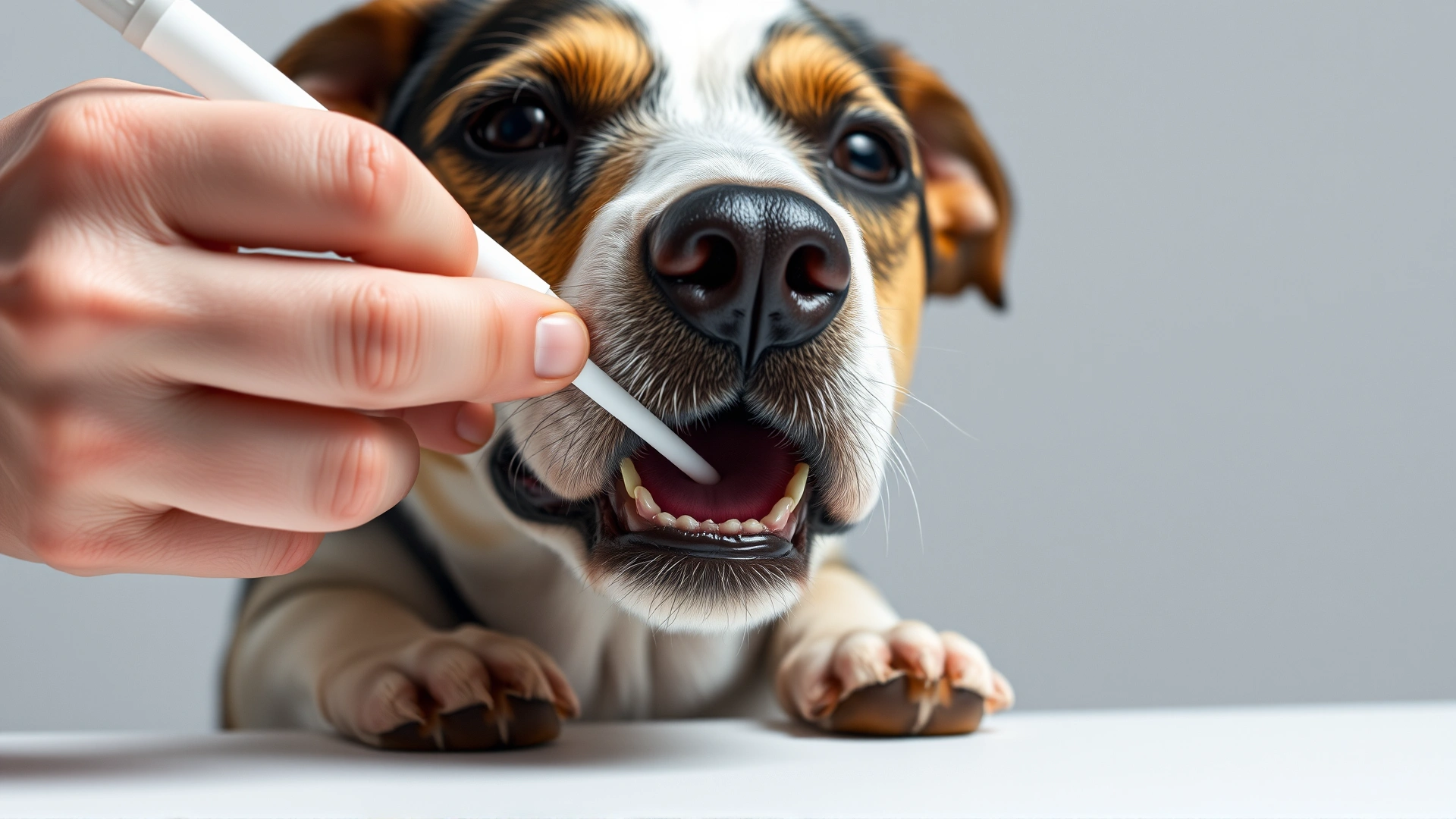 Close-up of a human hand gently swabbing the inside cheek of a medium-sized mixed breed dog for a DNA test, neutral background, well lit