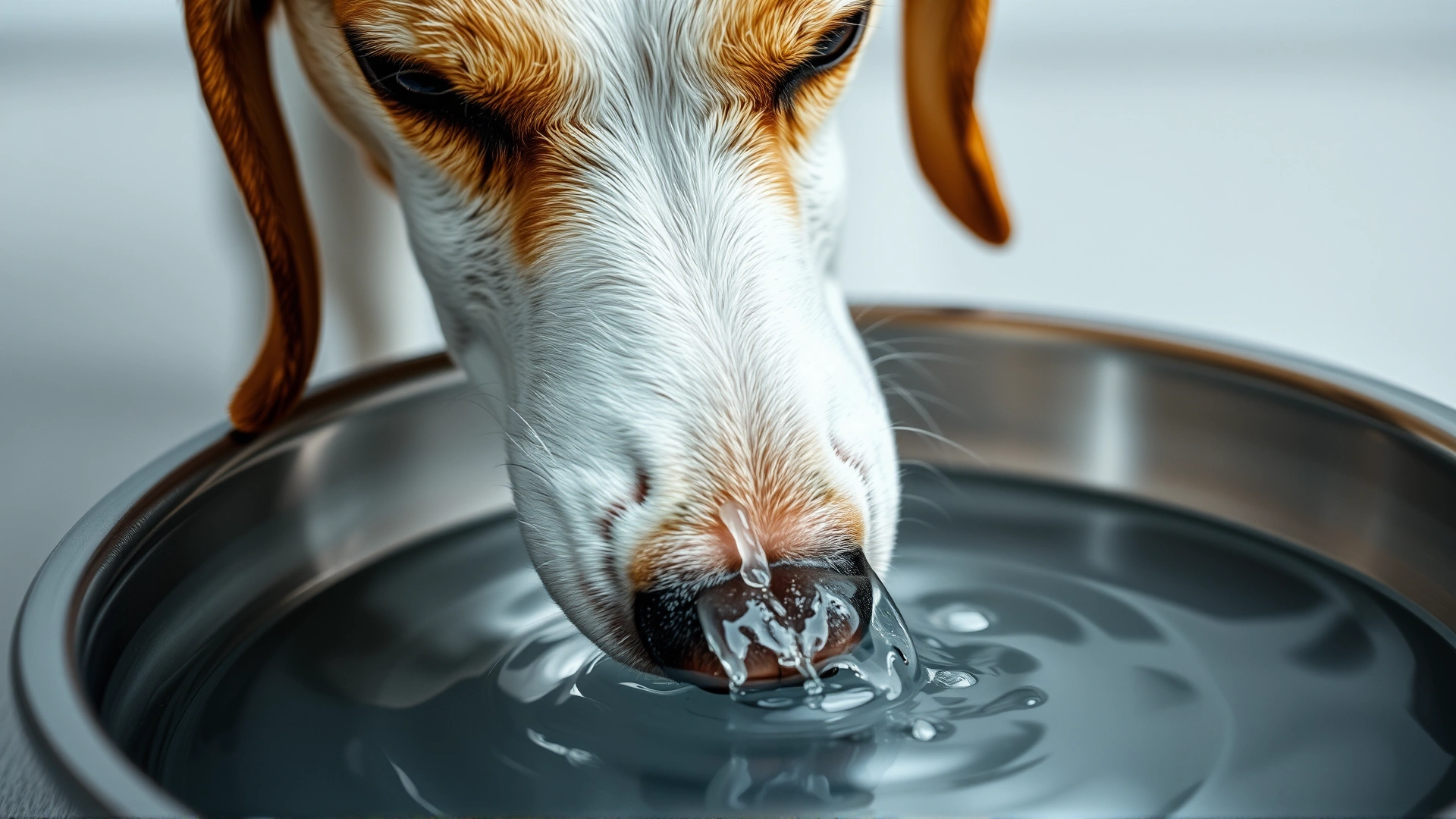 Close-up of a thirsty dog lapping fresh water from a stainless steel bowl, water ripples visible.