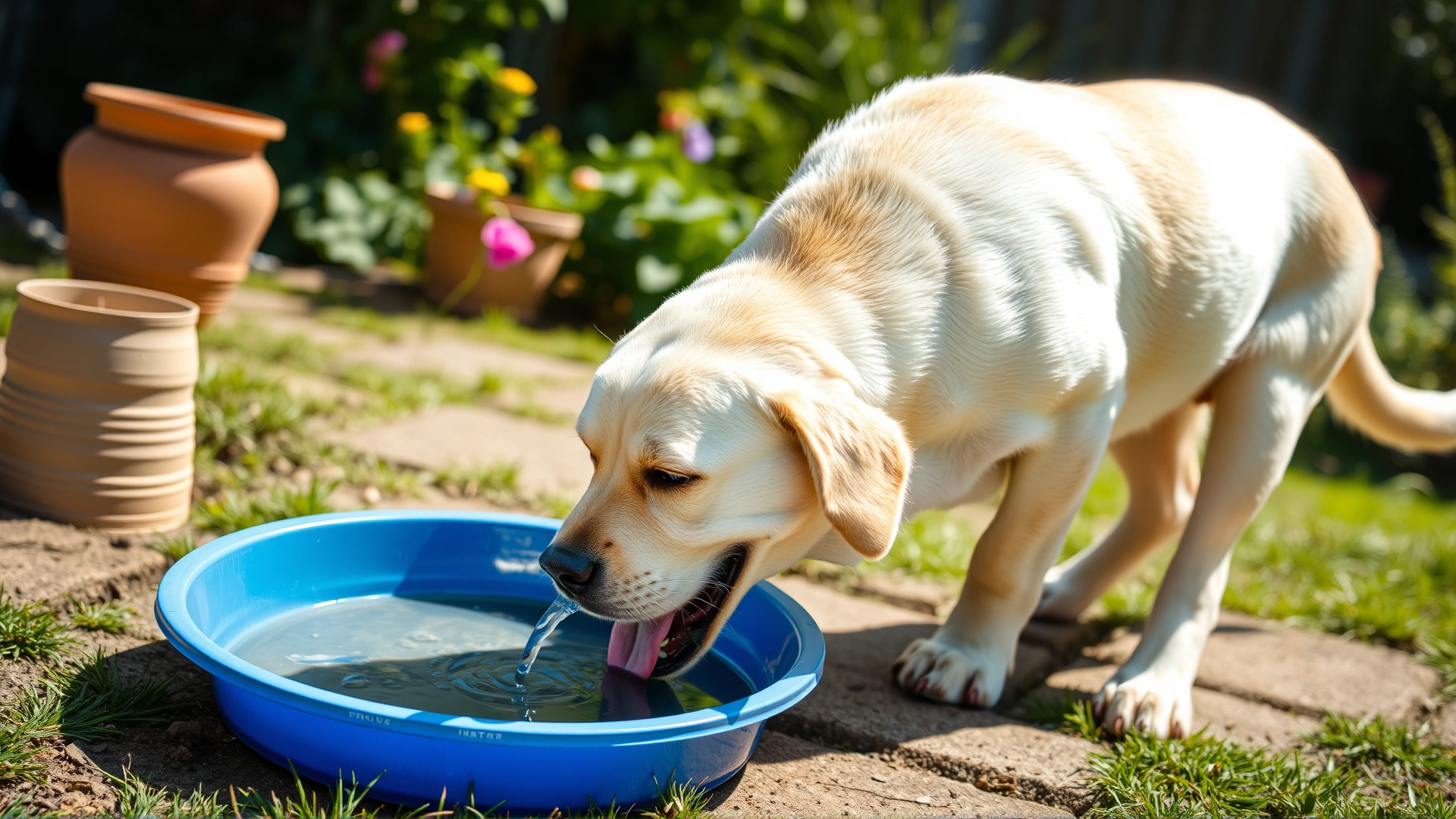 A happy Labrador retriever drinking water from a blue bowl in a sunny garden
