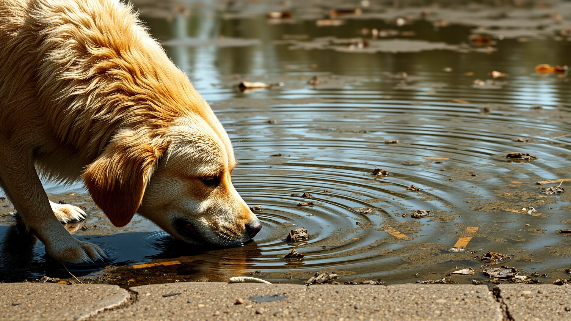 Dog drinking from a stagnant pond with visible debris, illustrating risk of contaminated water