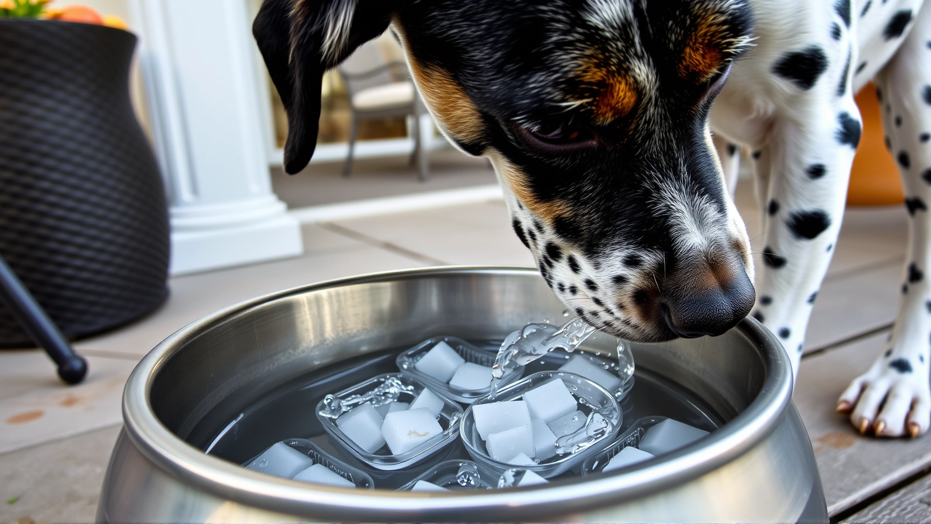 Close-up of a spotted dog lapping fresh water from a stainless-steel bowl with ice cubes, outdoor patio setting.