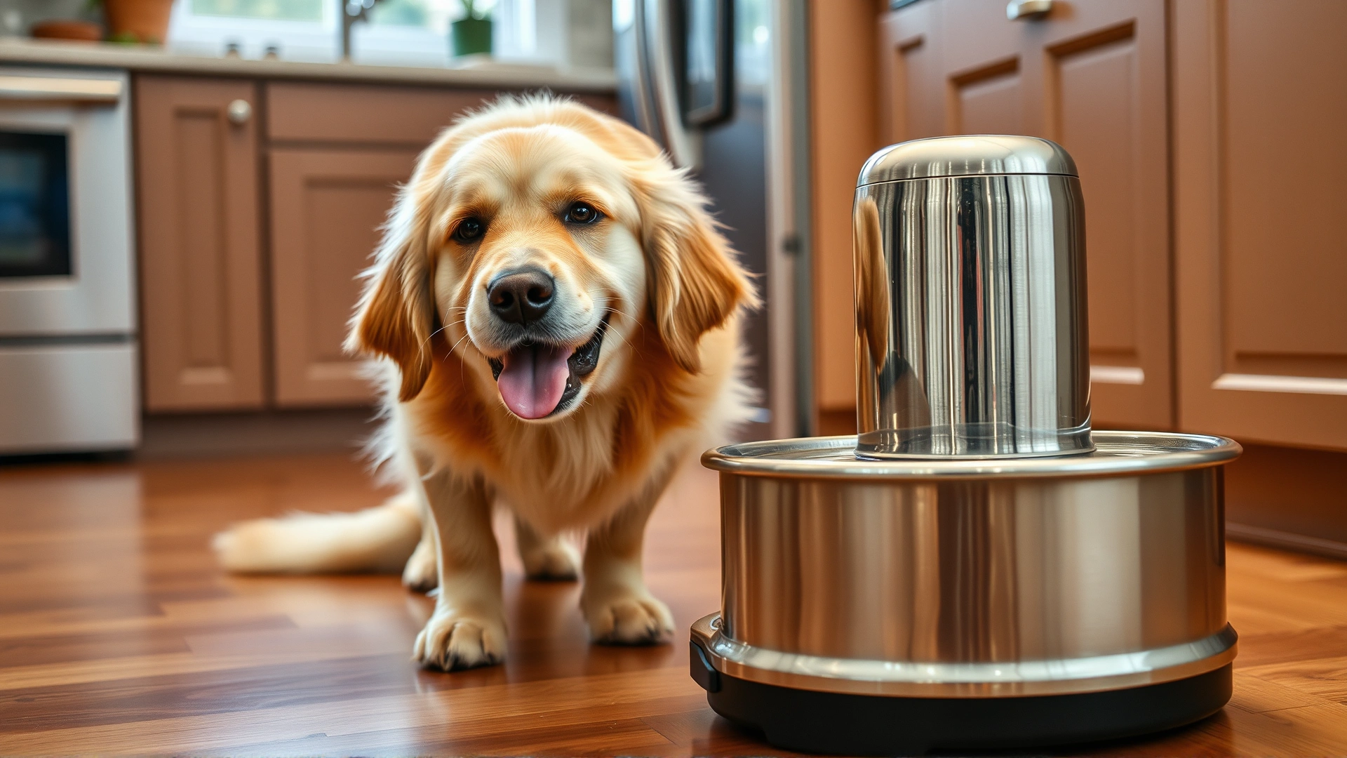 Golden retriever happily drinking fresh water from a stainless steel pet fountain on a kitchen floor.