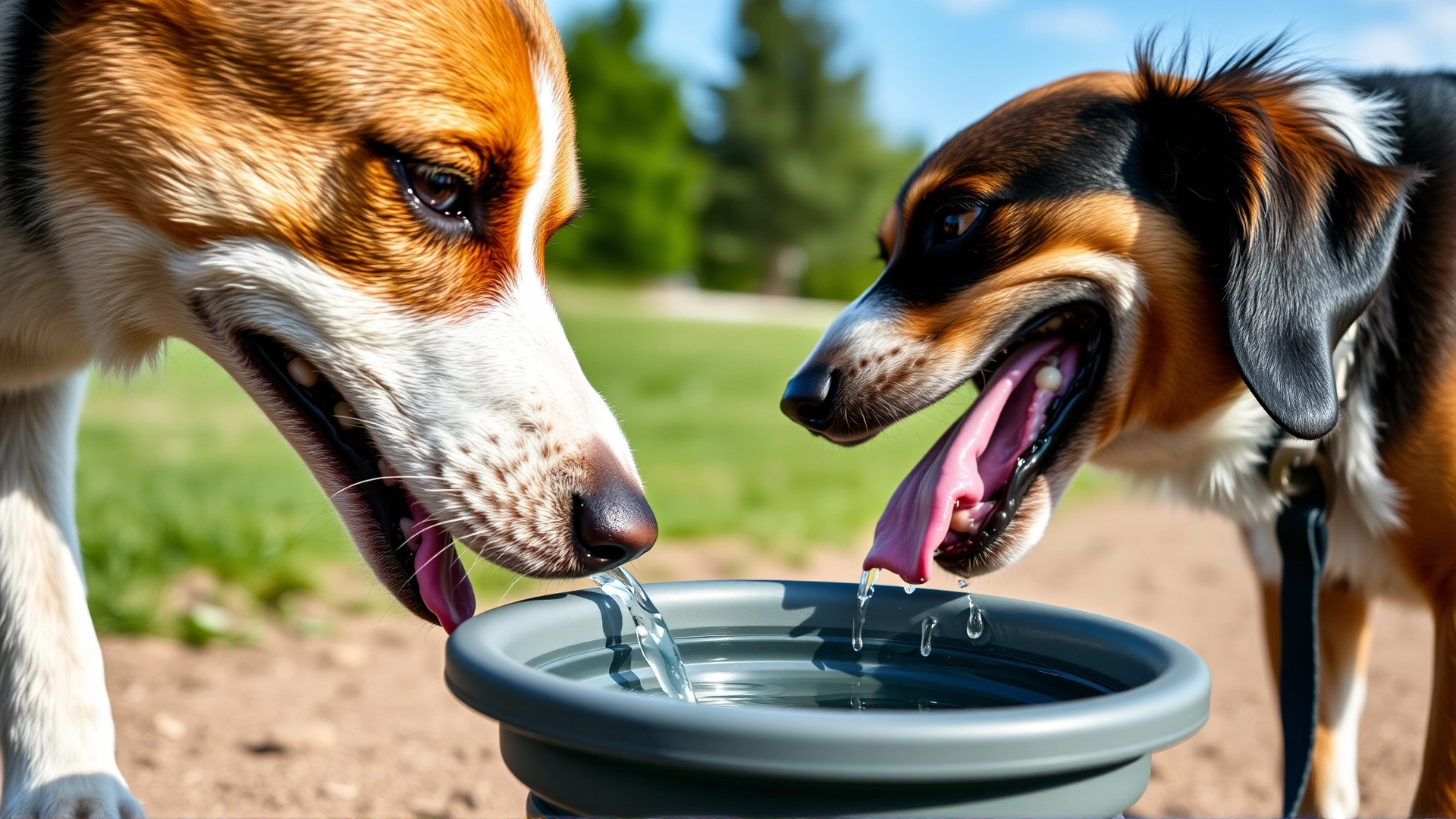 Close-up of a panting dog drinking water from a collapsible bowl outdoors after exercise.
