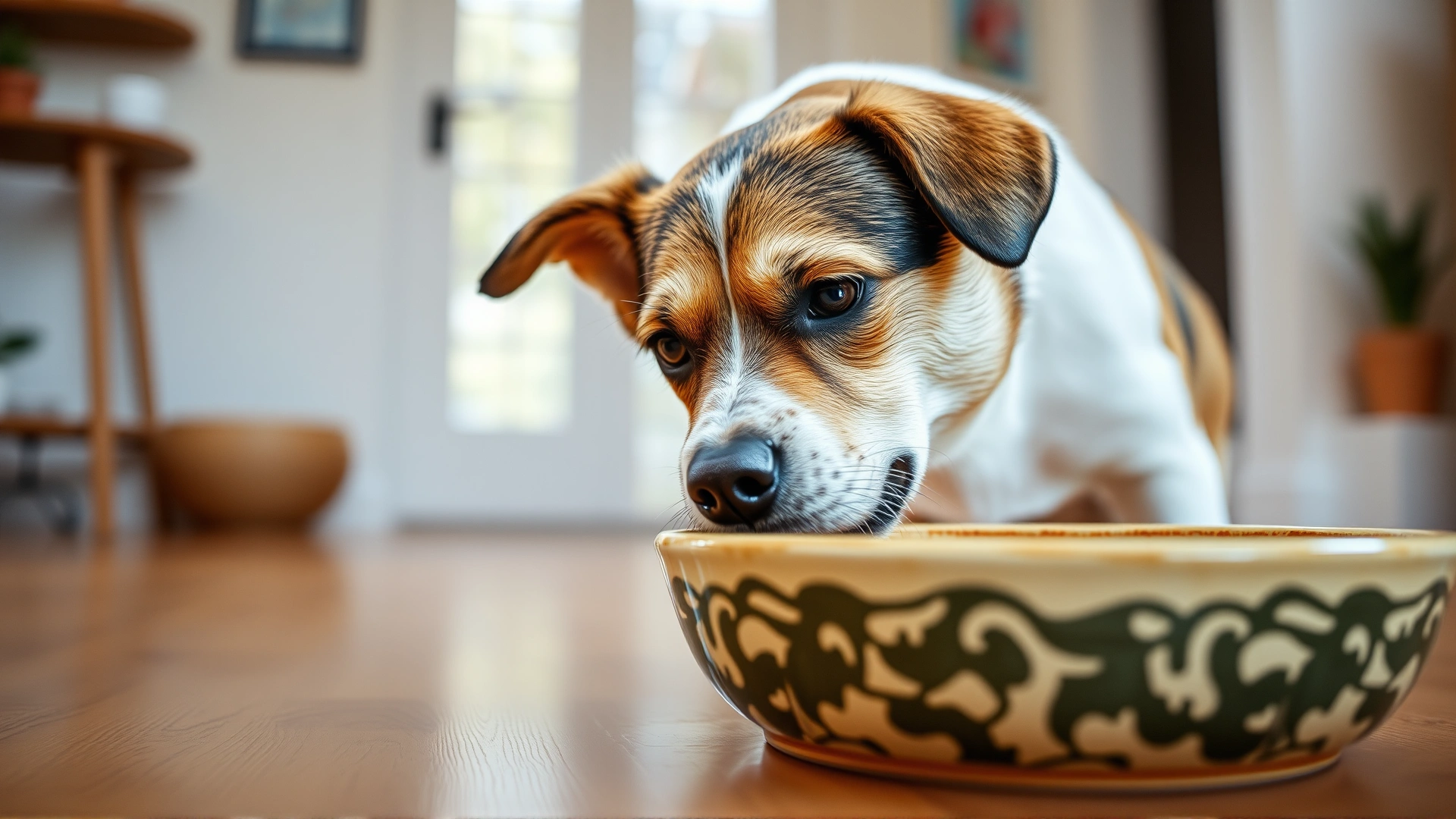 Close-up of a medium-sized dog lapping water from a ceramic bowl indoors, shallow depth of field, bright and inviting atmosphere