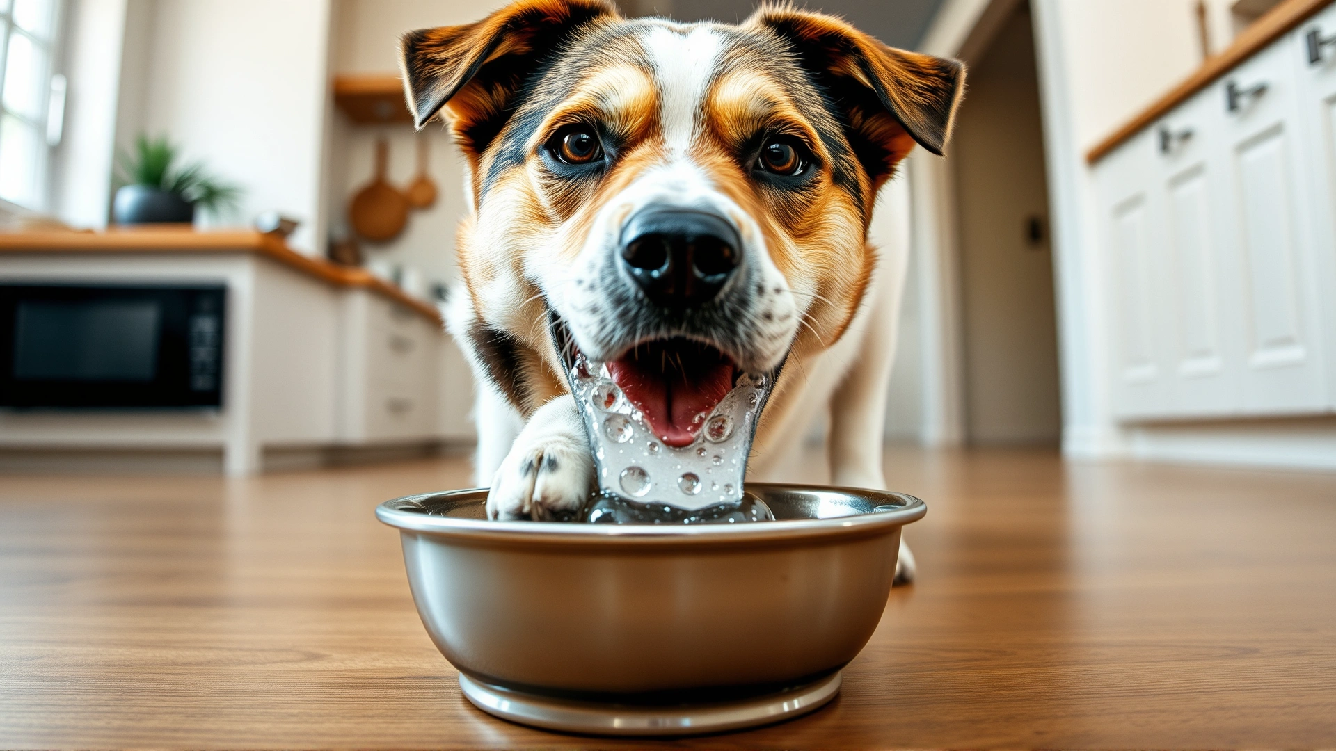 Medium shot of a mixed-breed dog drinking fresh water from a stainless steel bowl in a bright kitchen