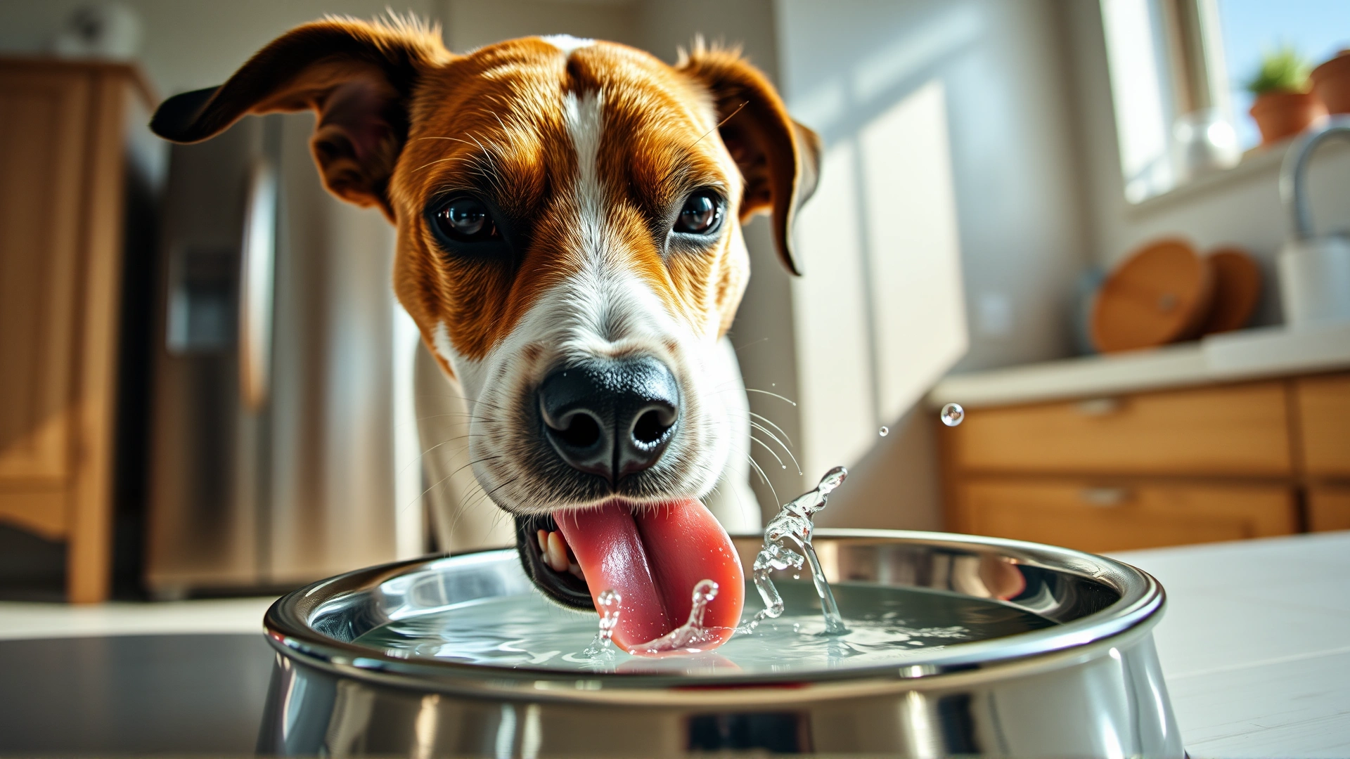 Close-up of a thirsty dog drinking from a water bowl in a sunny kitchen; emphasis on dog's tongue and water splash.