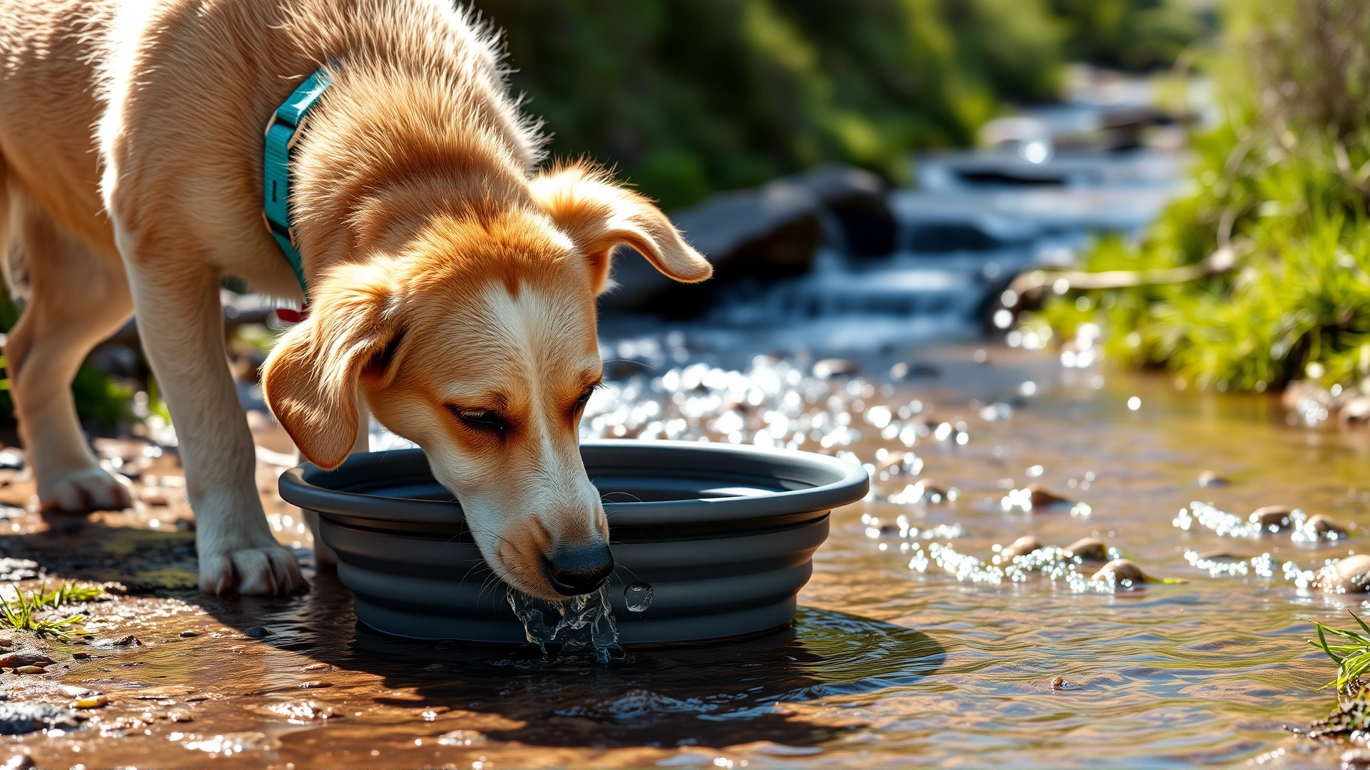 Dog lapping water from a collapsible silicone bowl next to a flowing creek on a sunny day.