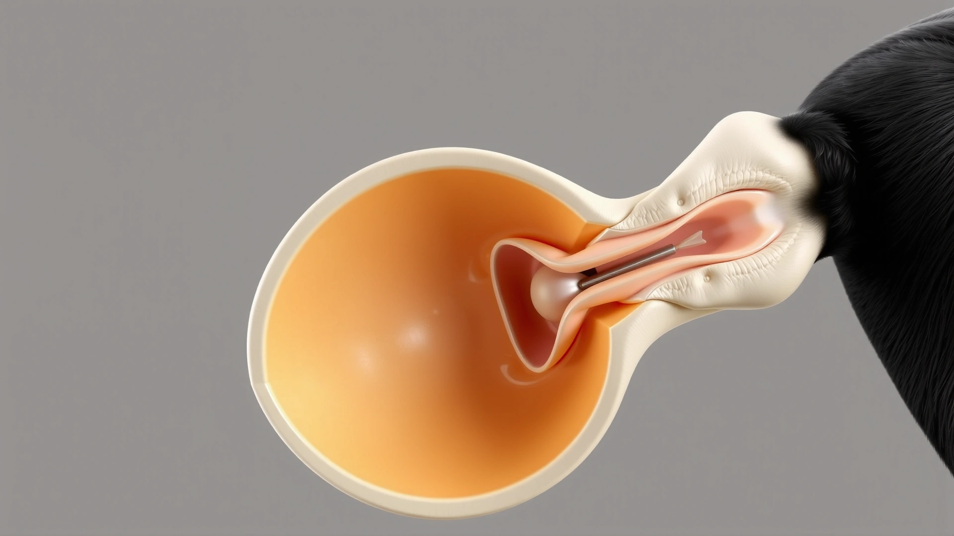 3D rendered cross-section of a dog's ear canal, realistic style, showing outer, middle, and inner ear structures, no labels or text