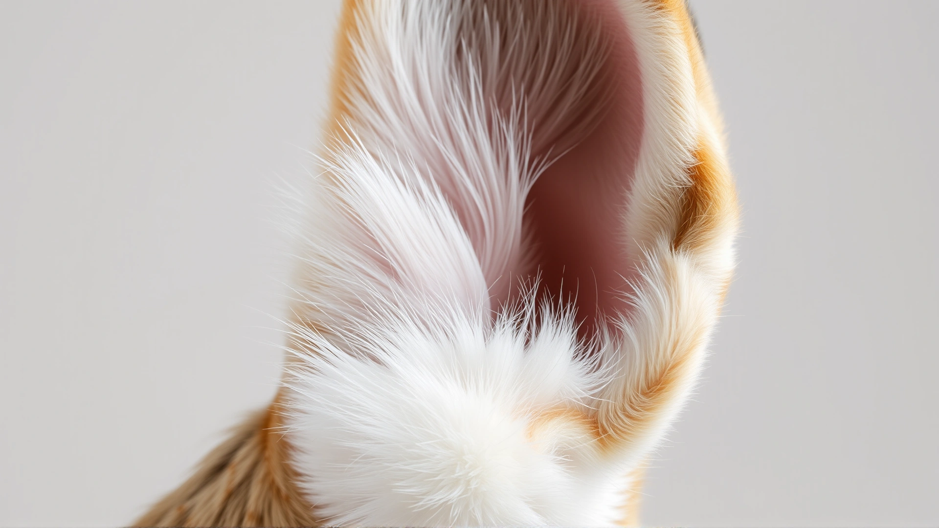 Close-up, high-resolution photo of a dog’s ear highlighting fine fur and textures, illustrating canine hearing sensitivity. Soft neutral background.