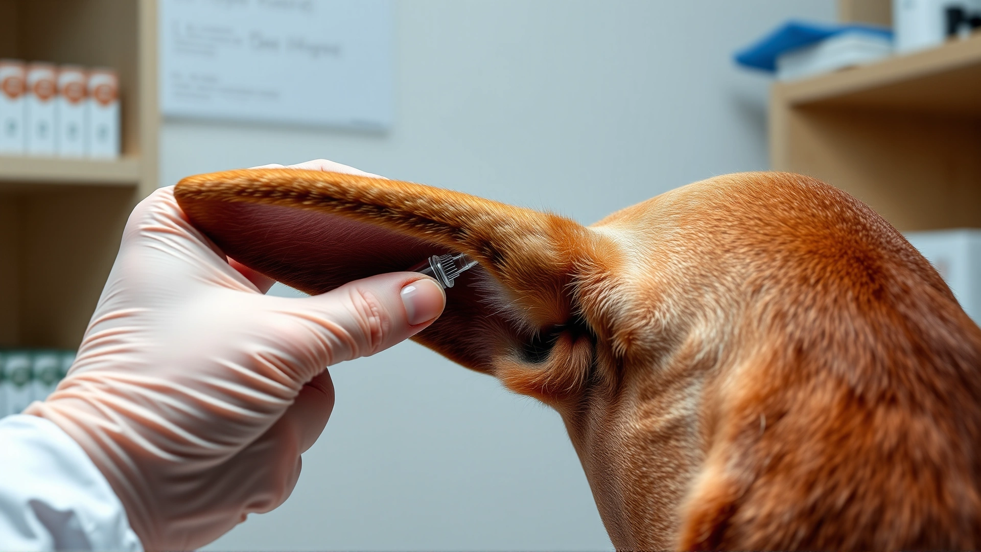 Step-by-step view: a hand lifting a dog’s ear flap while holding a small dropper bottle above the ear canal (no text), indoor lighting