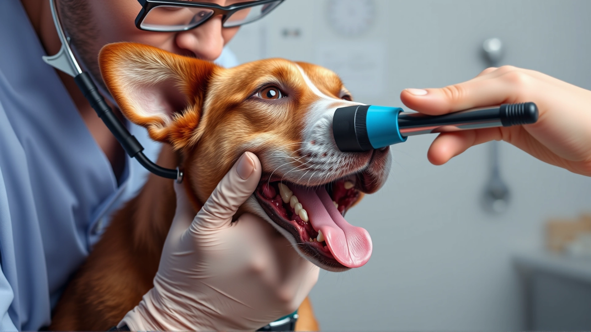 Veterinarian examining the inside of a dog's ear with an otoscope, clinic background, no text