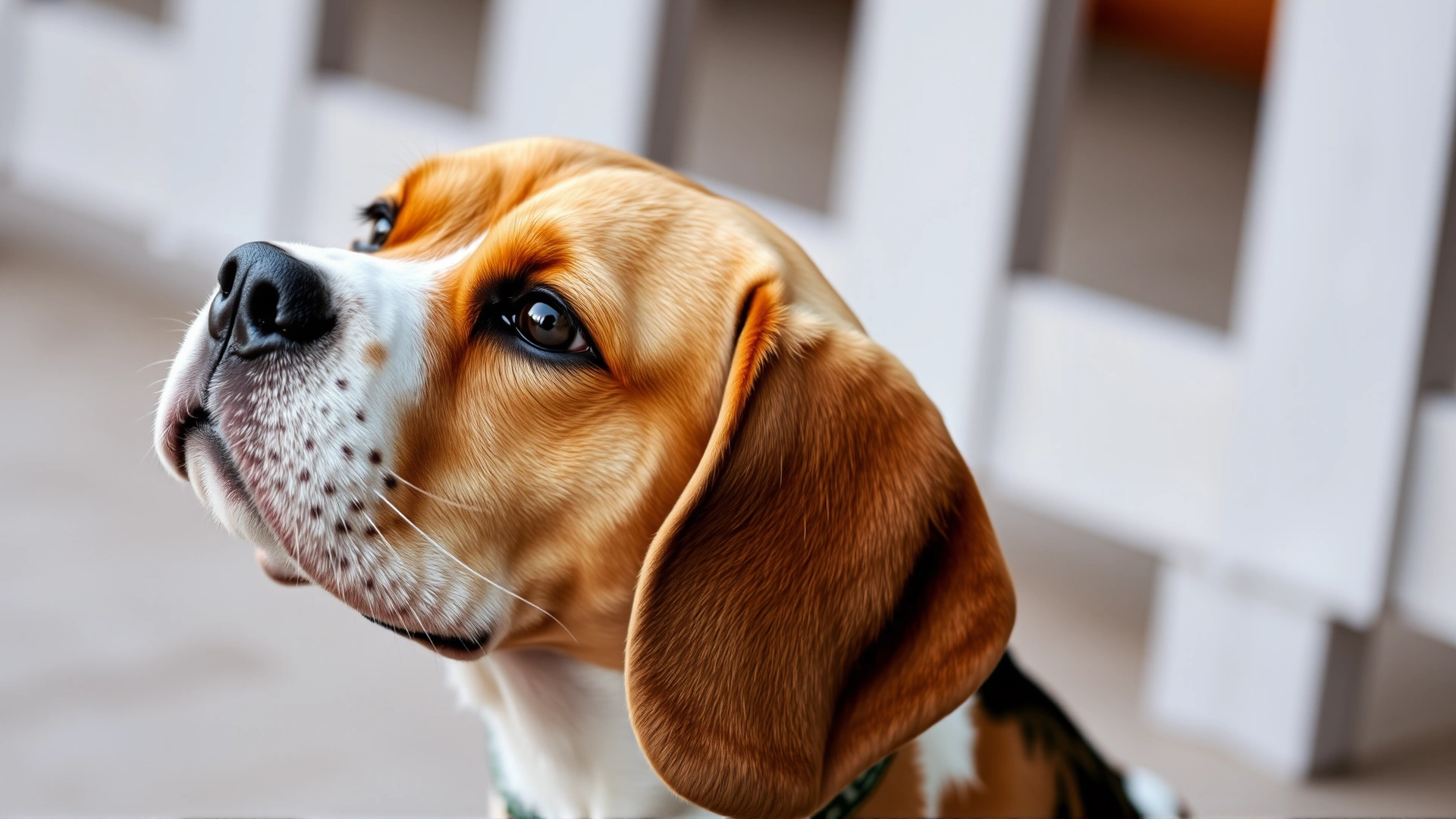 Medium shot of a Beagle shaking its head with a slightly concerned expression, highlighting typical discomfort of an ear infection, taken outdoors in soft lighting