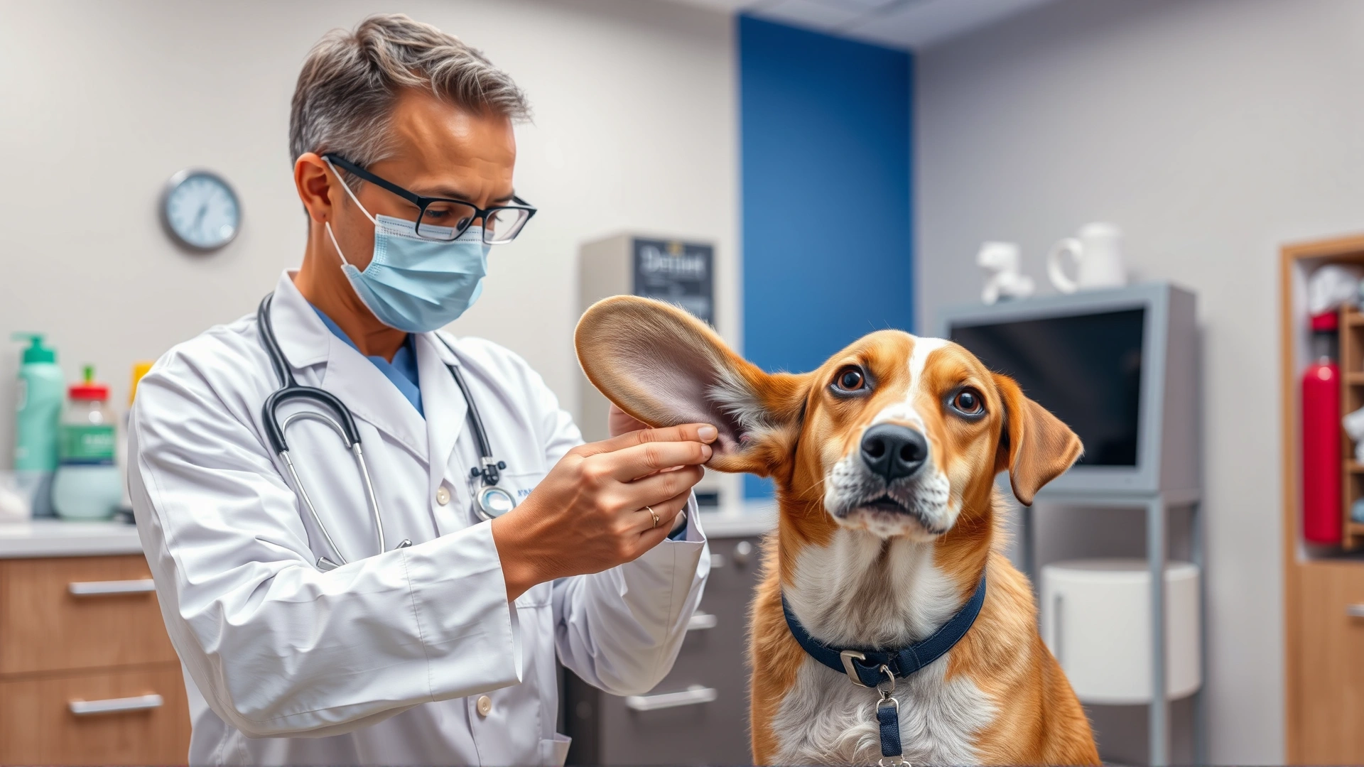 Veterinarian gently examining a floppy-eared dog’s ear in a modern veterinary clinic