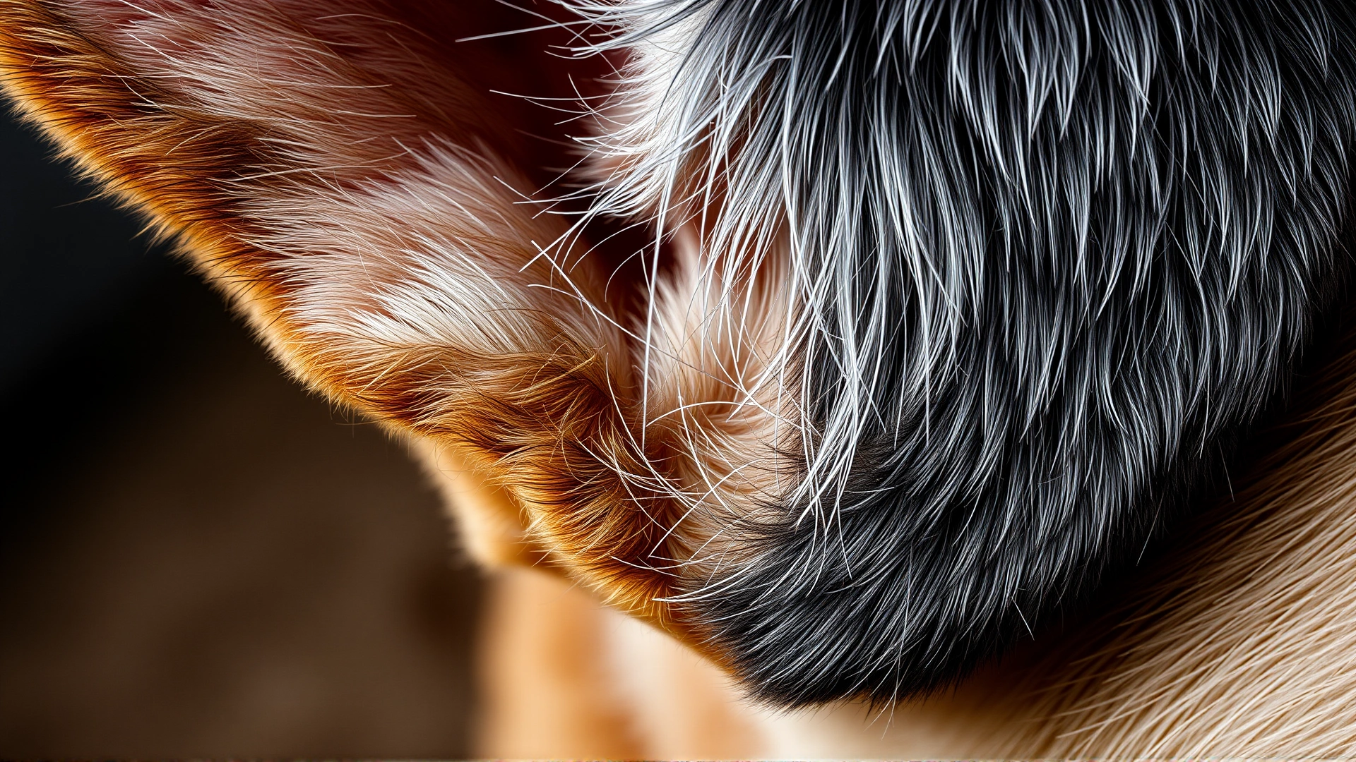 Macro shot of an older dog’s ear with visible graying fur to illustrate ear anatomy and aging.