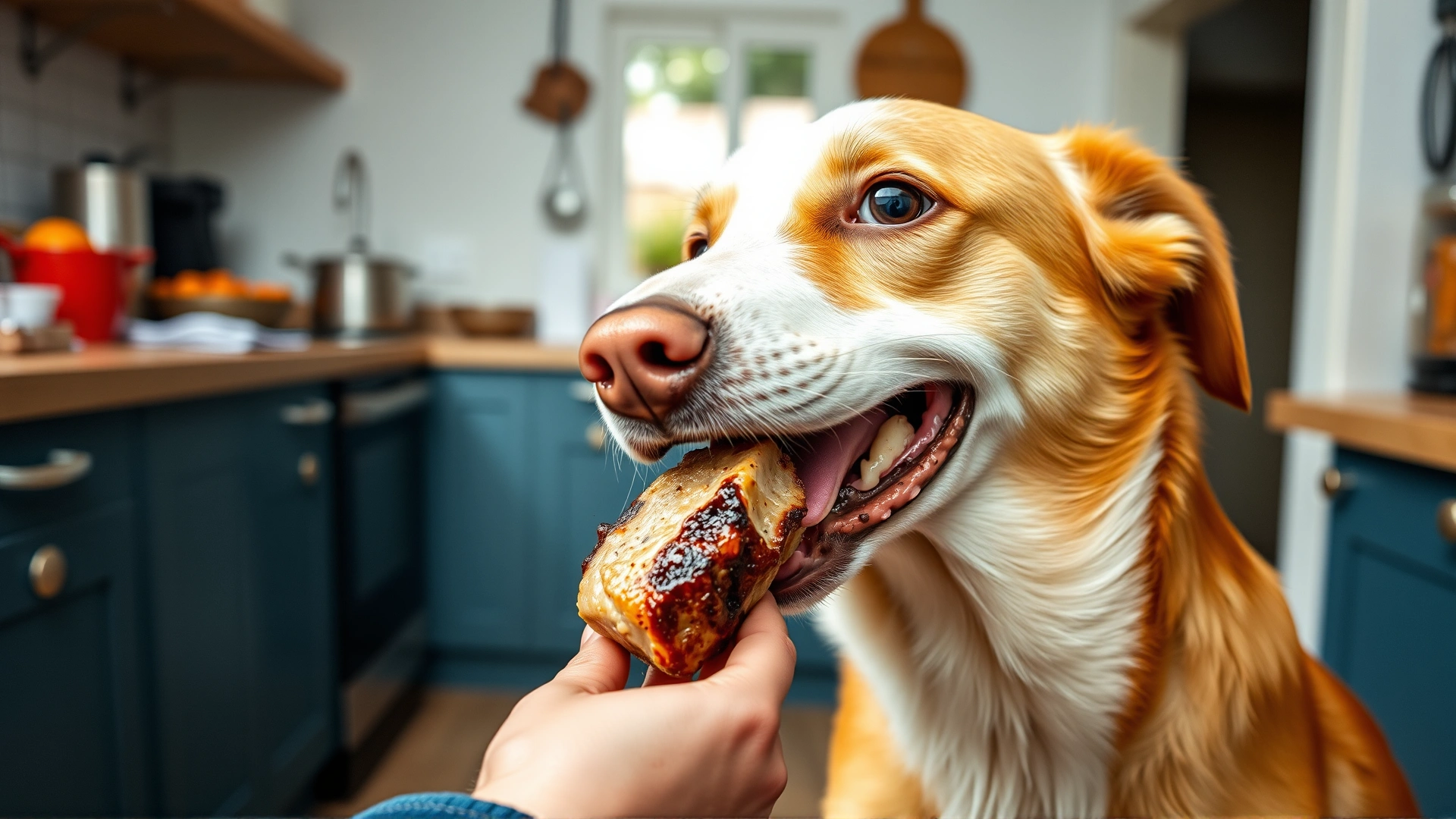 Happy medium-sized dog taking a small cooked lamb chunk from its owner's hand, indoor kitchen setting