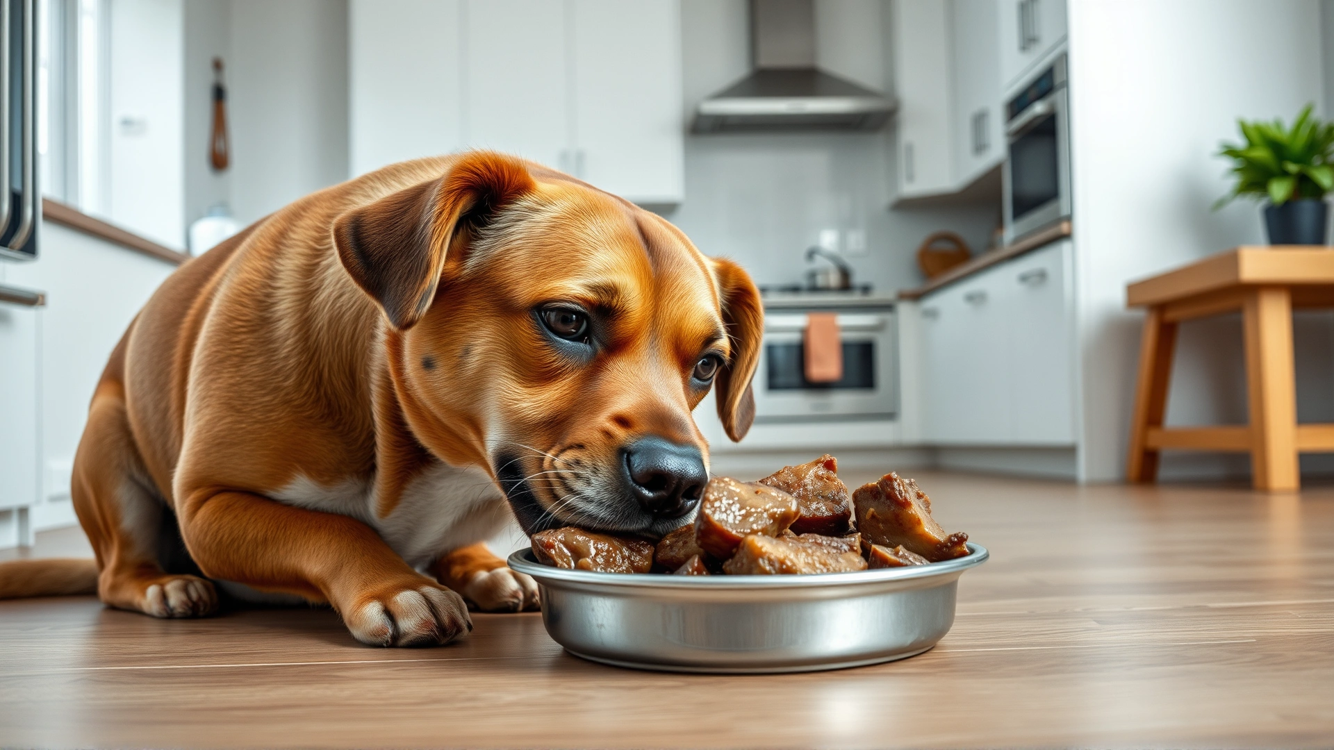 Medium shot of a dog eating cooked venison chunks from a stainless steel bowl in a bright modern kitchen