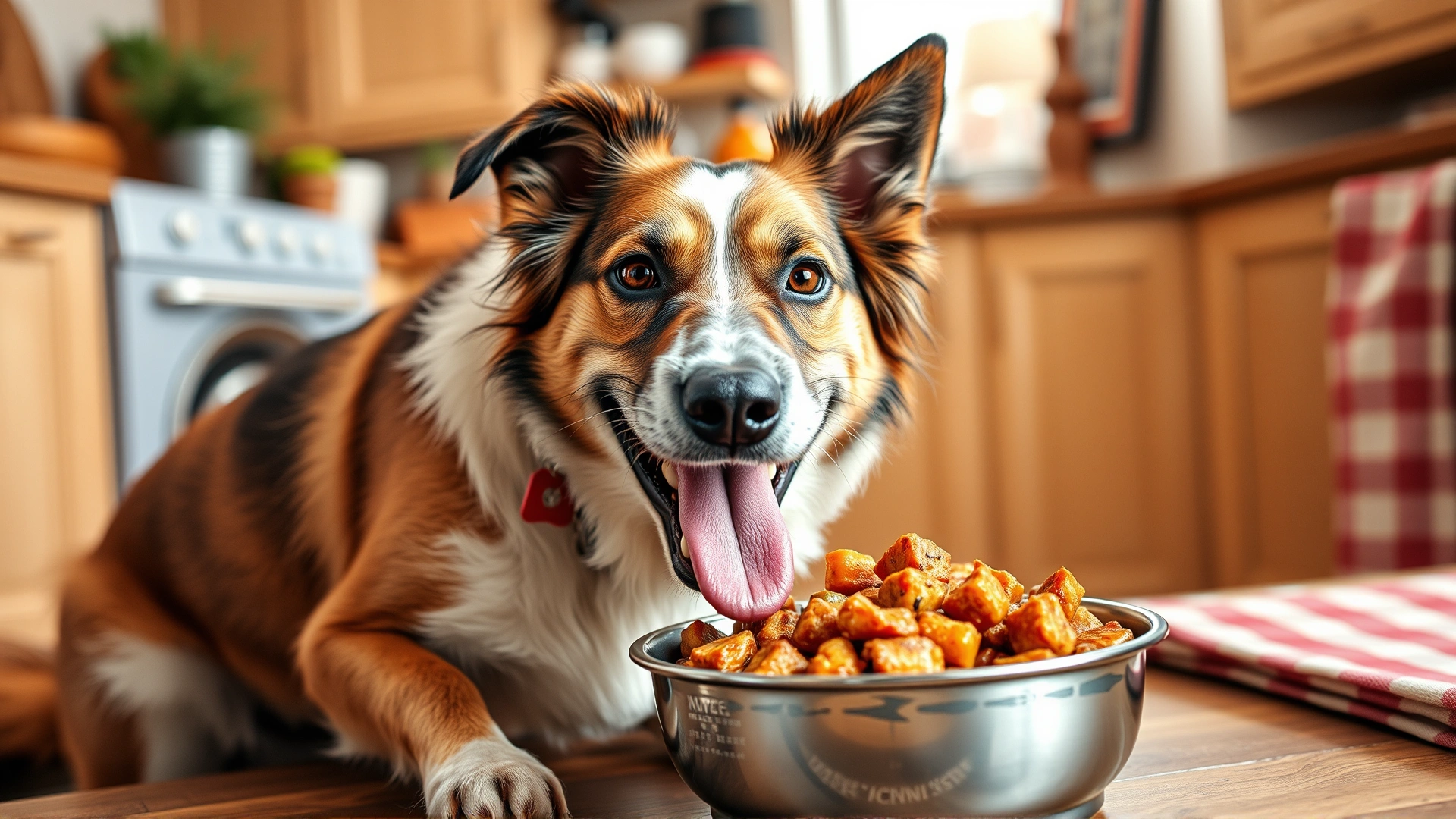 Happy mixed-breed dog eating from a stainless-steel bowl filled with homemade food in a cozy kitchen setting