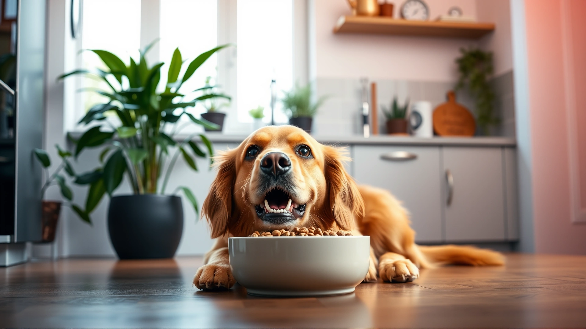A golden retriever happily eating kibble from a ceramic bowl in a bright, modern kitchen with houseplants in the background