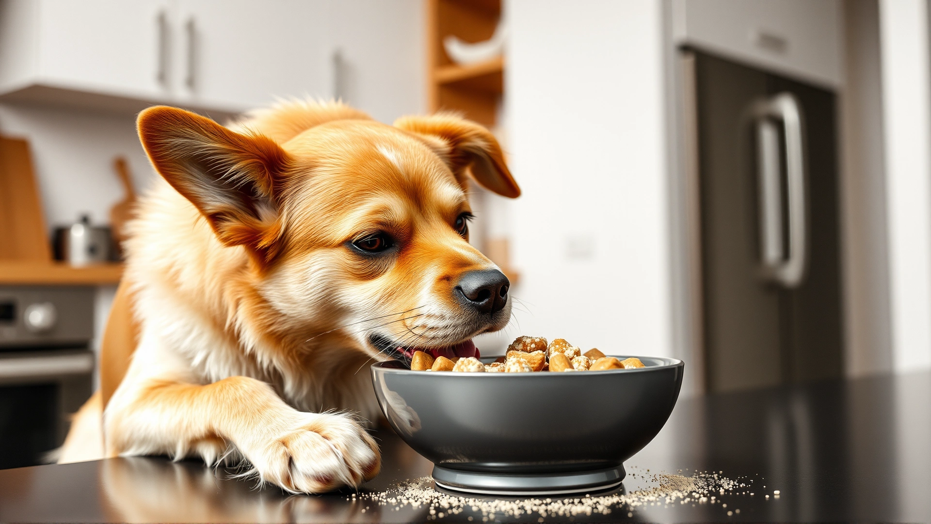 Healthy adult dog eating food from bowl with enzyme powder sprinkled on top in modern kitchen