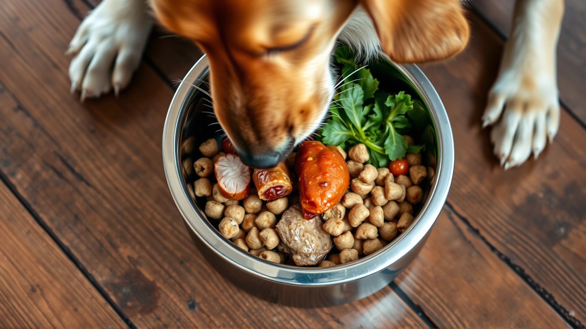 Close-up of a dog eating a well-balanced homemade meal with vegetables, meat and kibble in a stainless steel bowl, shot from above on a rustic wooden floor.