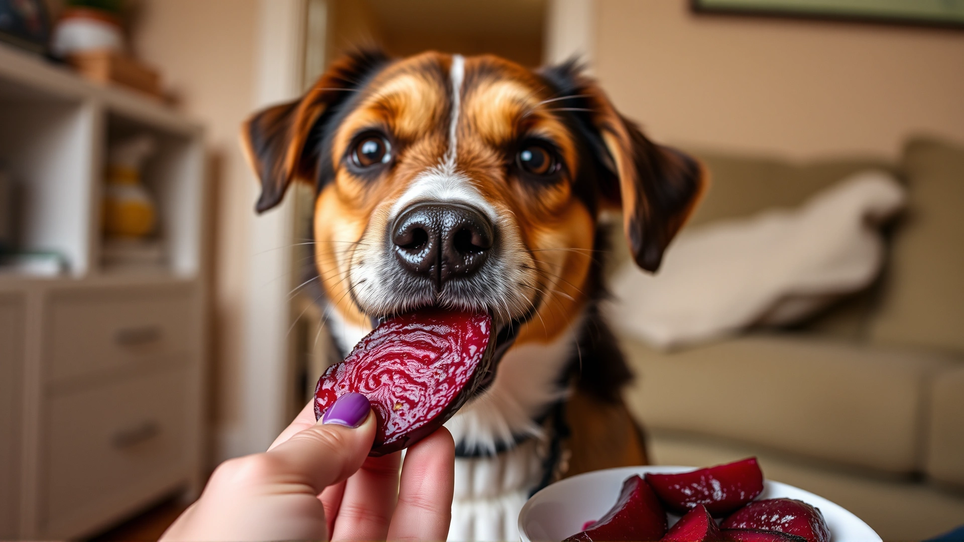 Playful dog taking a small bite of a cooked beet slice from owner's hand, indoor, warm atmosphere