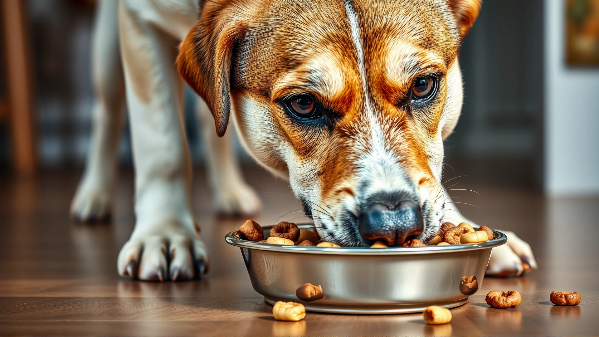 Close-up of a dog eagerly eating from a bowl placed on the floor, showing appetite and healthy interest in food