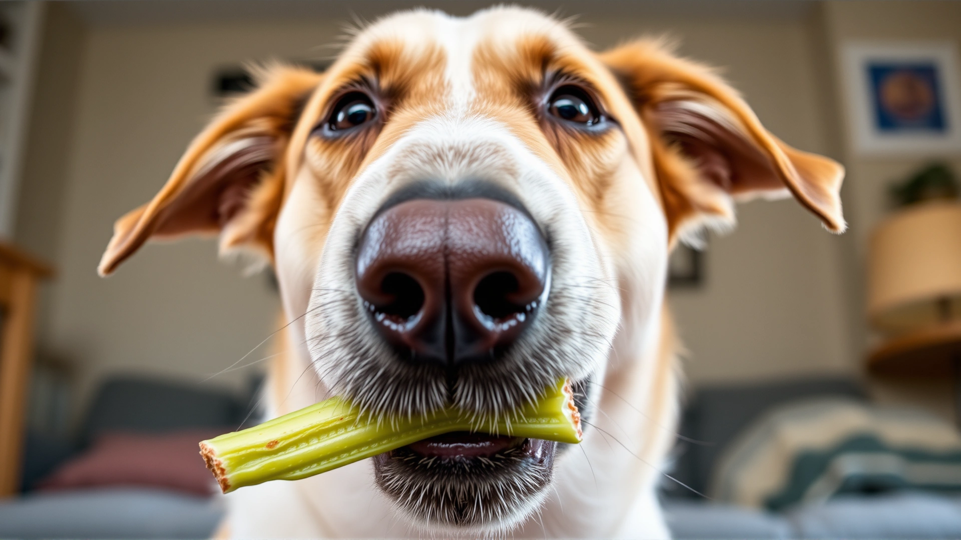 Close-up of a medium-sized dog chewing on a crunchy celery stick at home, natural light, focus on dog