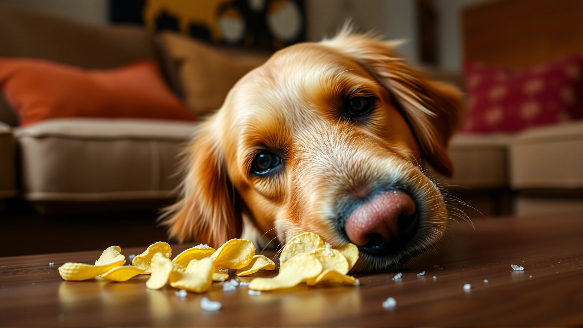 Close-up photo of a golden retriever trying to lick salted potato chips from a coffee table, shallow depth of field, natural lighting
