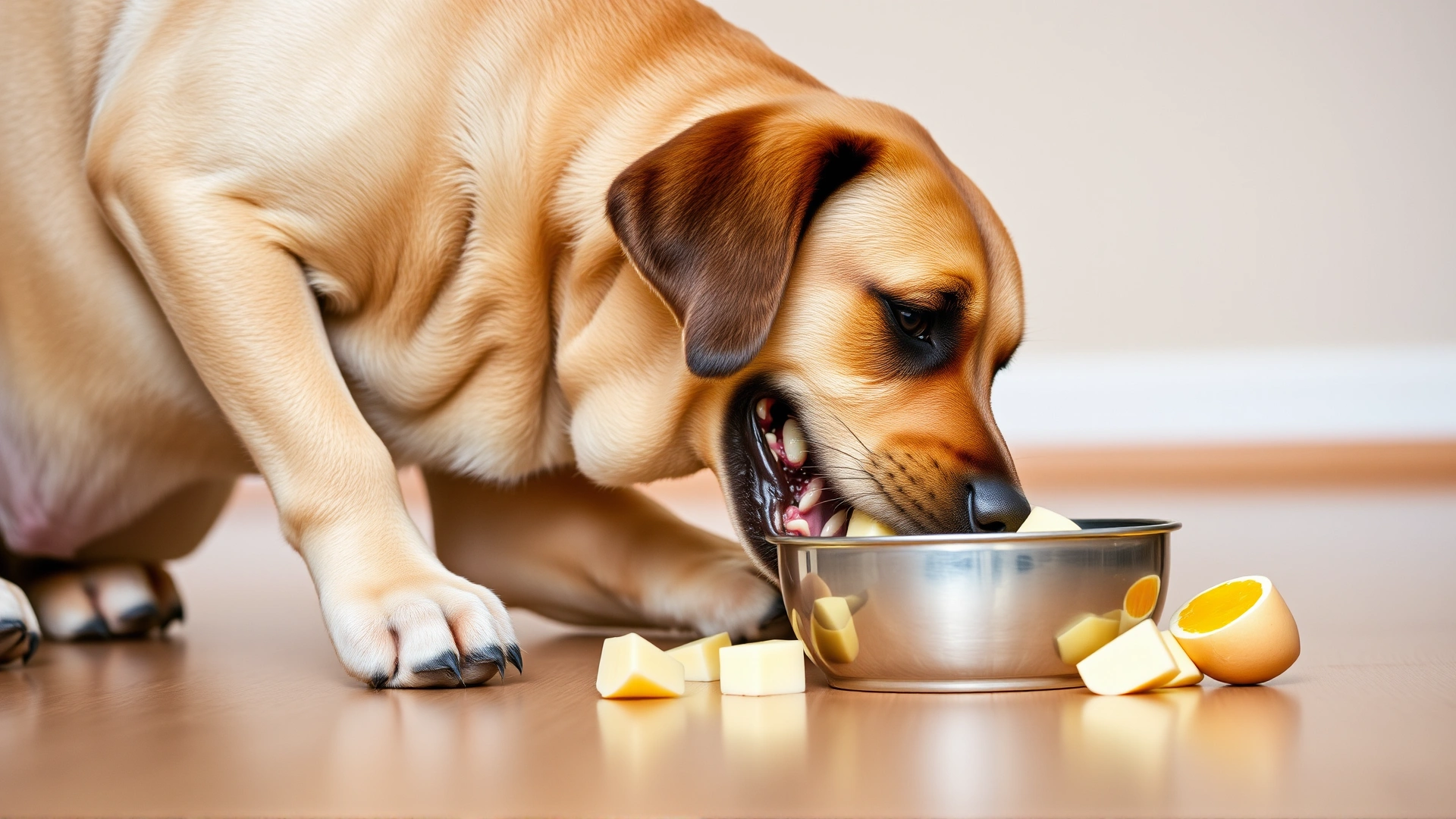 Medium shot of an adult Labrador retriever happily eating small pieces of boiled egg from a stainless-steel bowl on the floor. Clean background and good lighting.