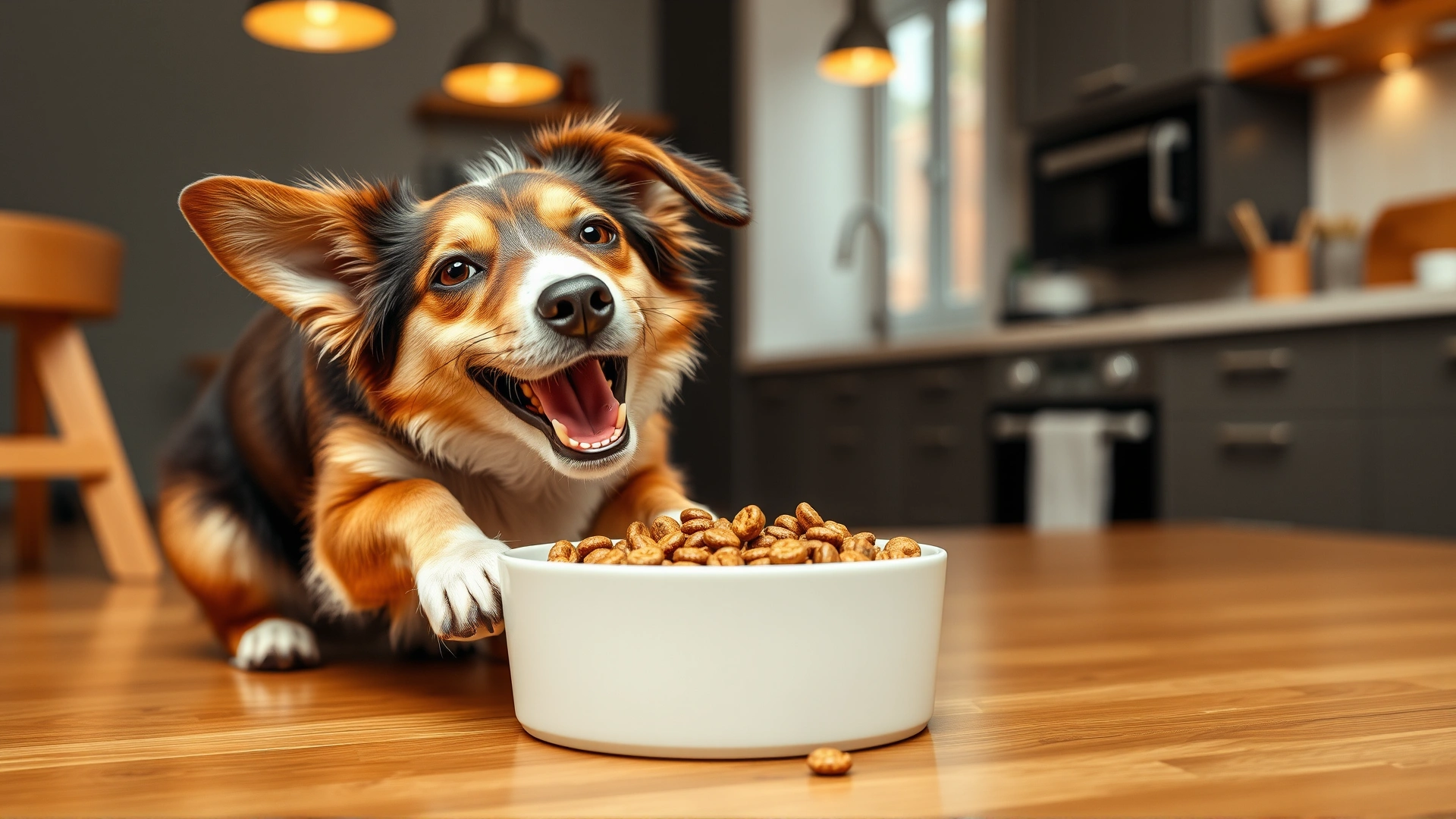 Happy dog eating from a bowl filled with high-fiber kibble in a modern kitchen, warm lighting