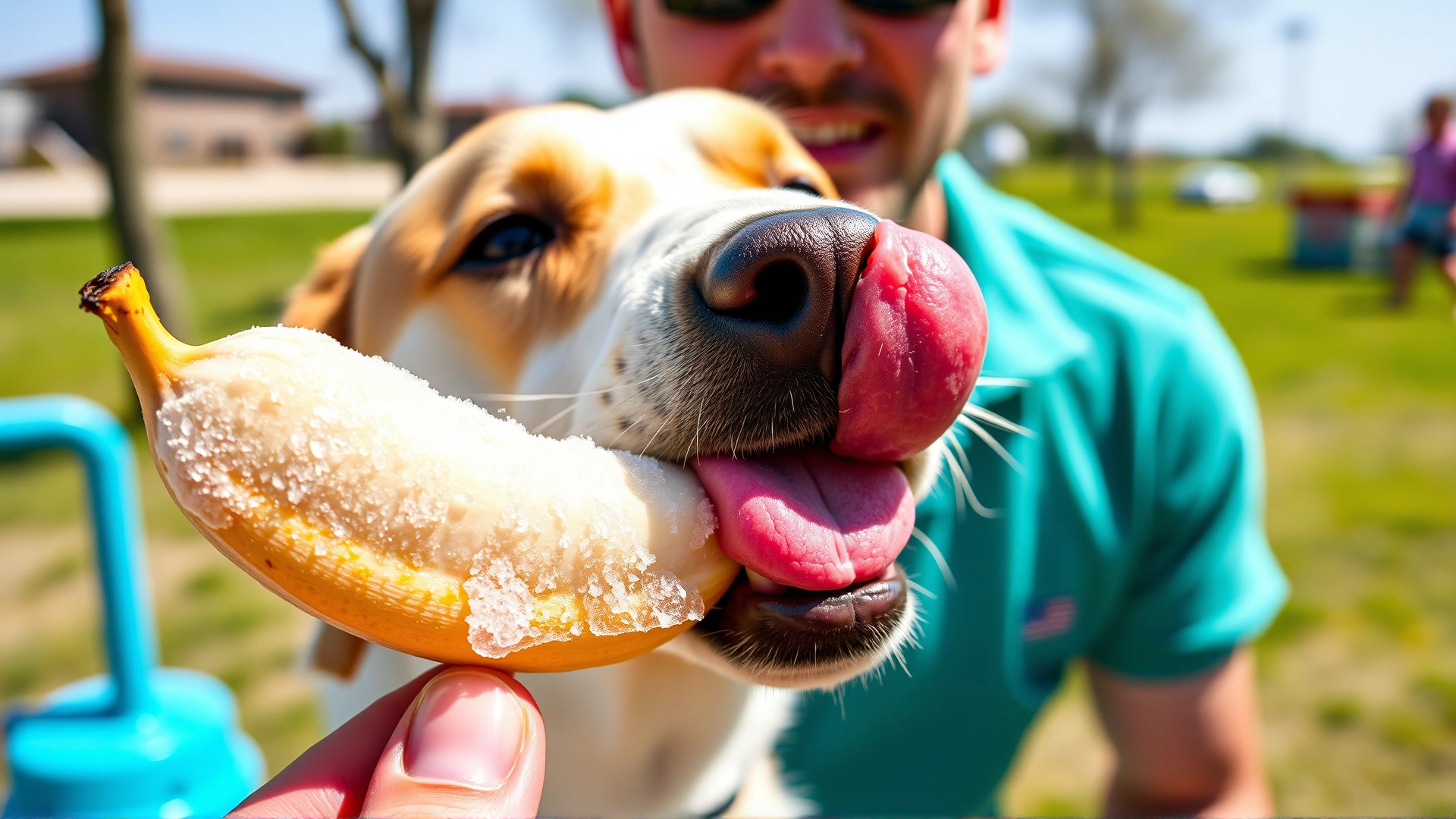 Dog licking a frozen banana slice held by its owner outdoors on a sunny day, shallow depth of field, vibrant colors, no text.