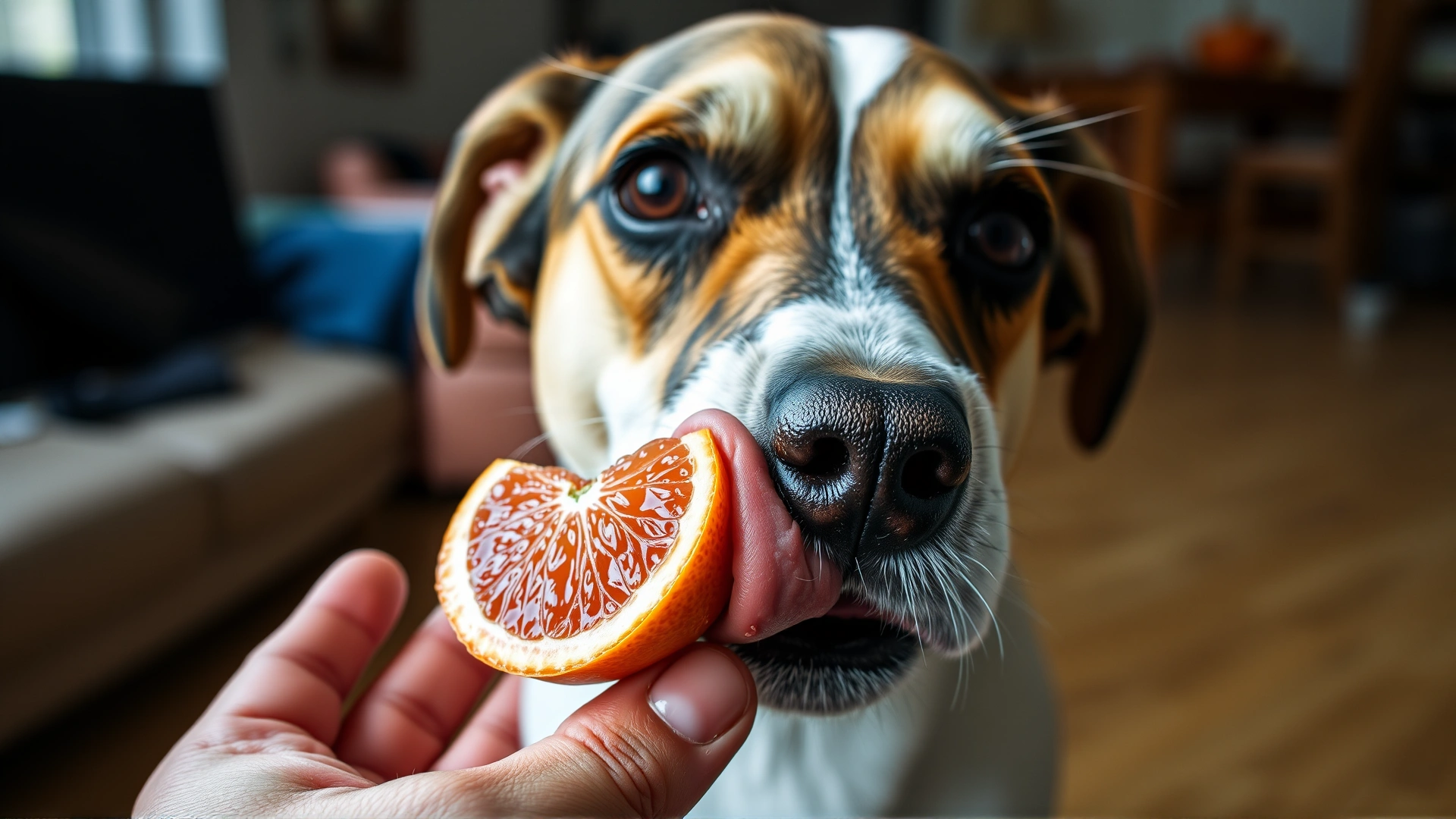 Close-up of a dog licking a small piece of grapefruit held by a person, highlighting size and texture of fruit, indoor setting, natural lighting