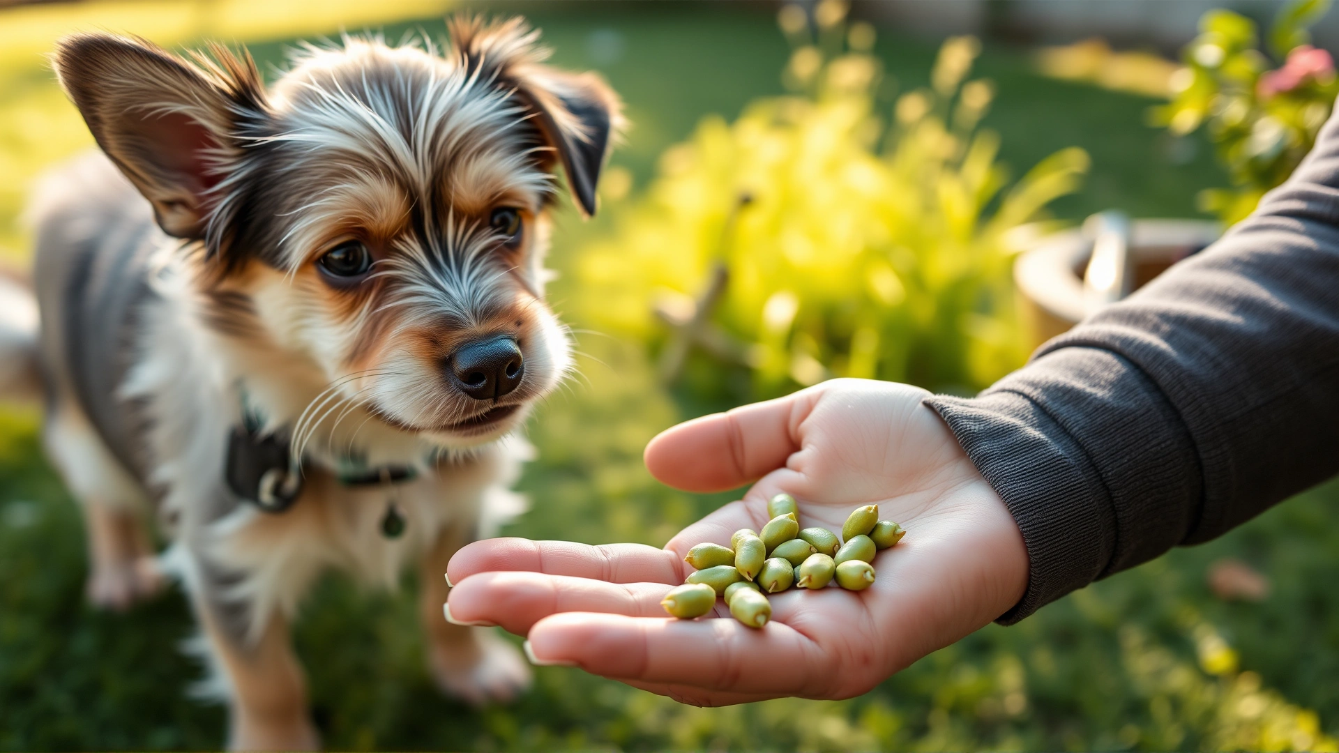 Outdoor shot of a small dog gently taking a few edamame beans from its owner's open palm, garden background, warm sunlight, no text.