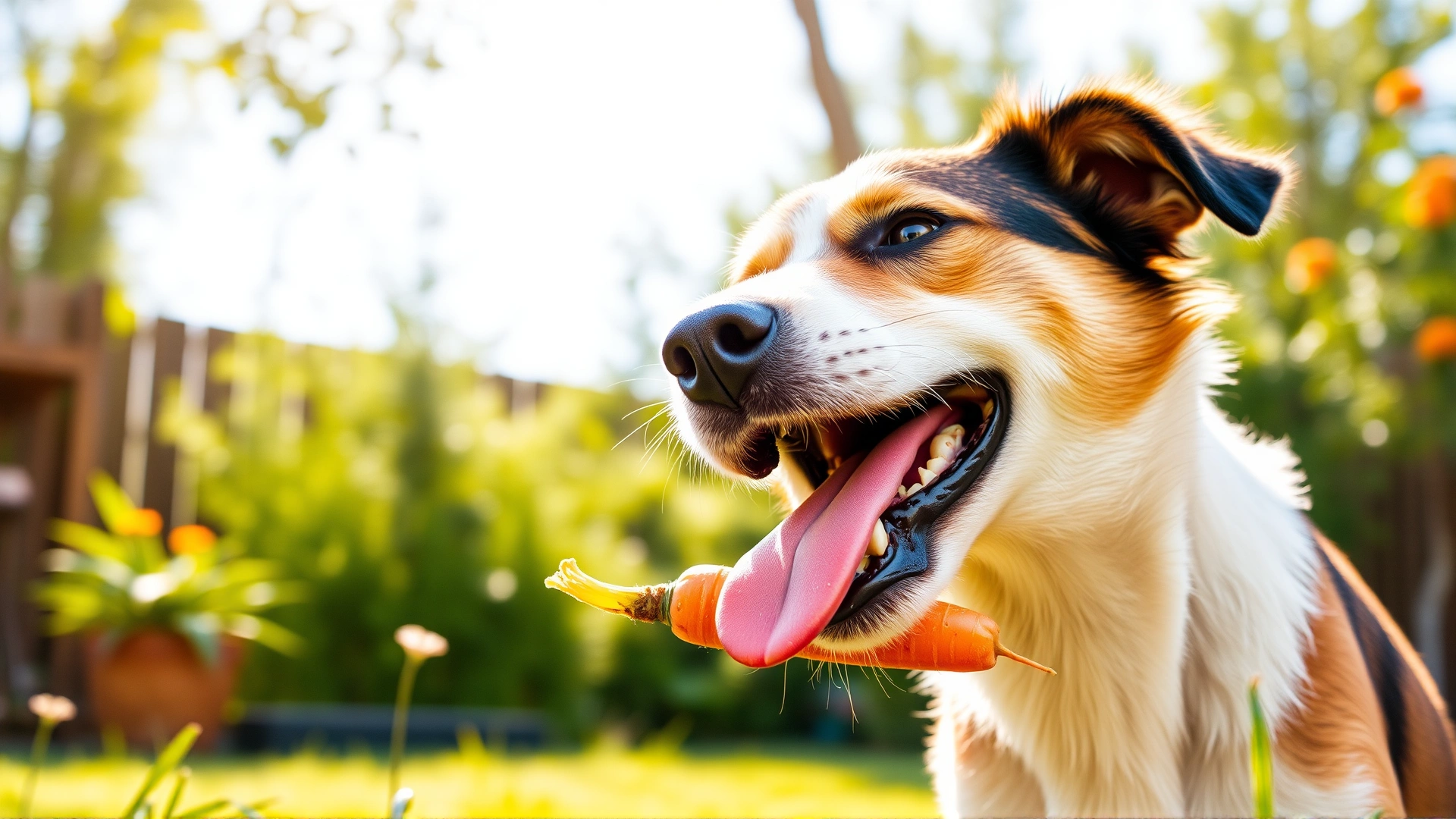 Happy dog crunching a carrot stick in a sunny backyard, shallow depth of field