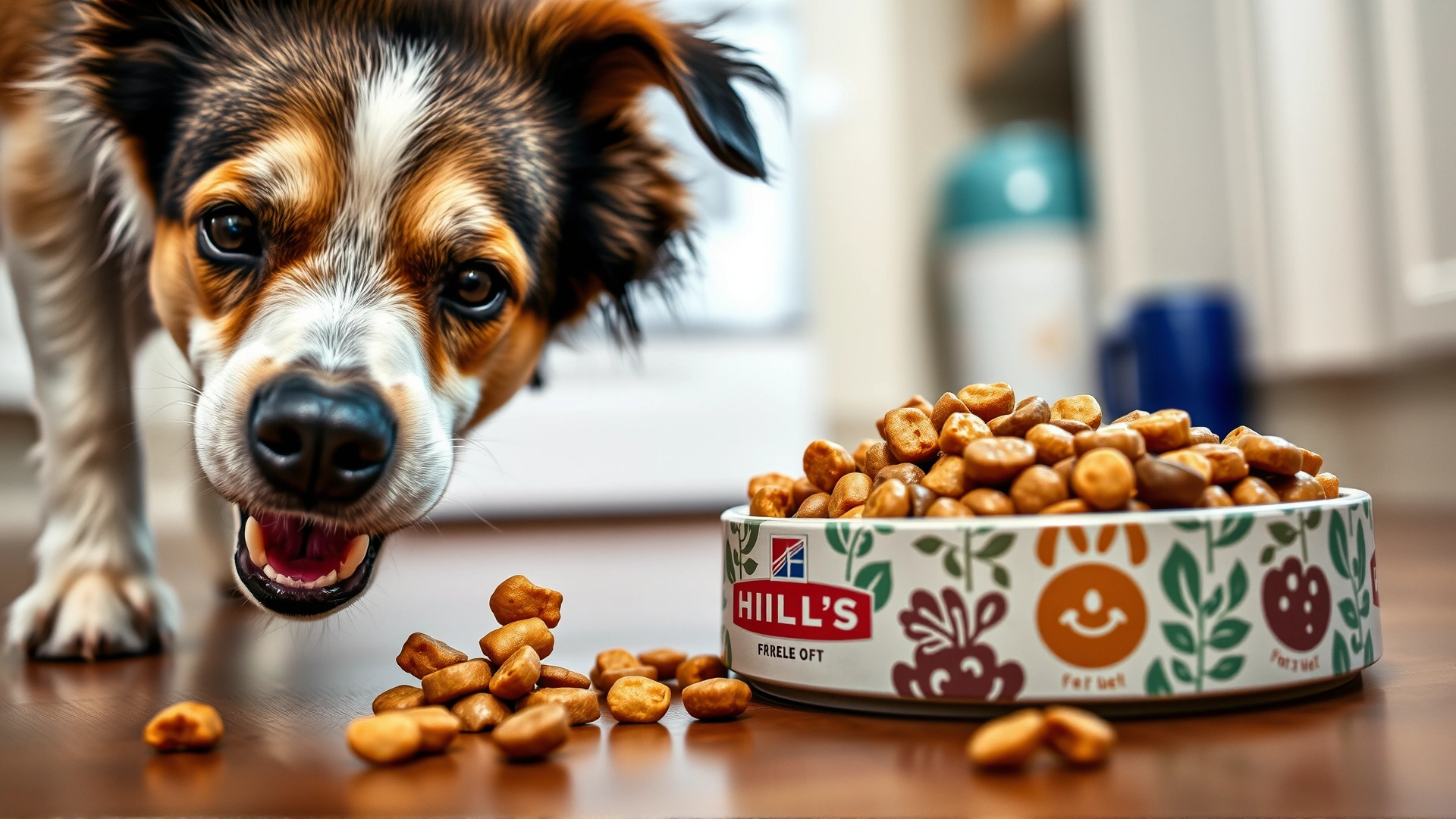 Close-up of a dog happily crunching kibble from a Hill's branded bowl on a clean kitchen floor.