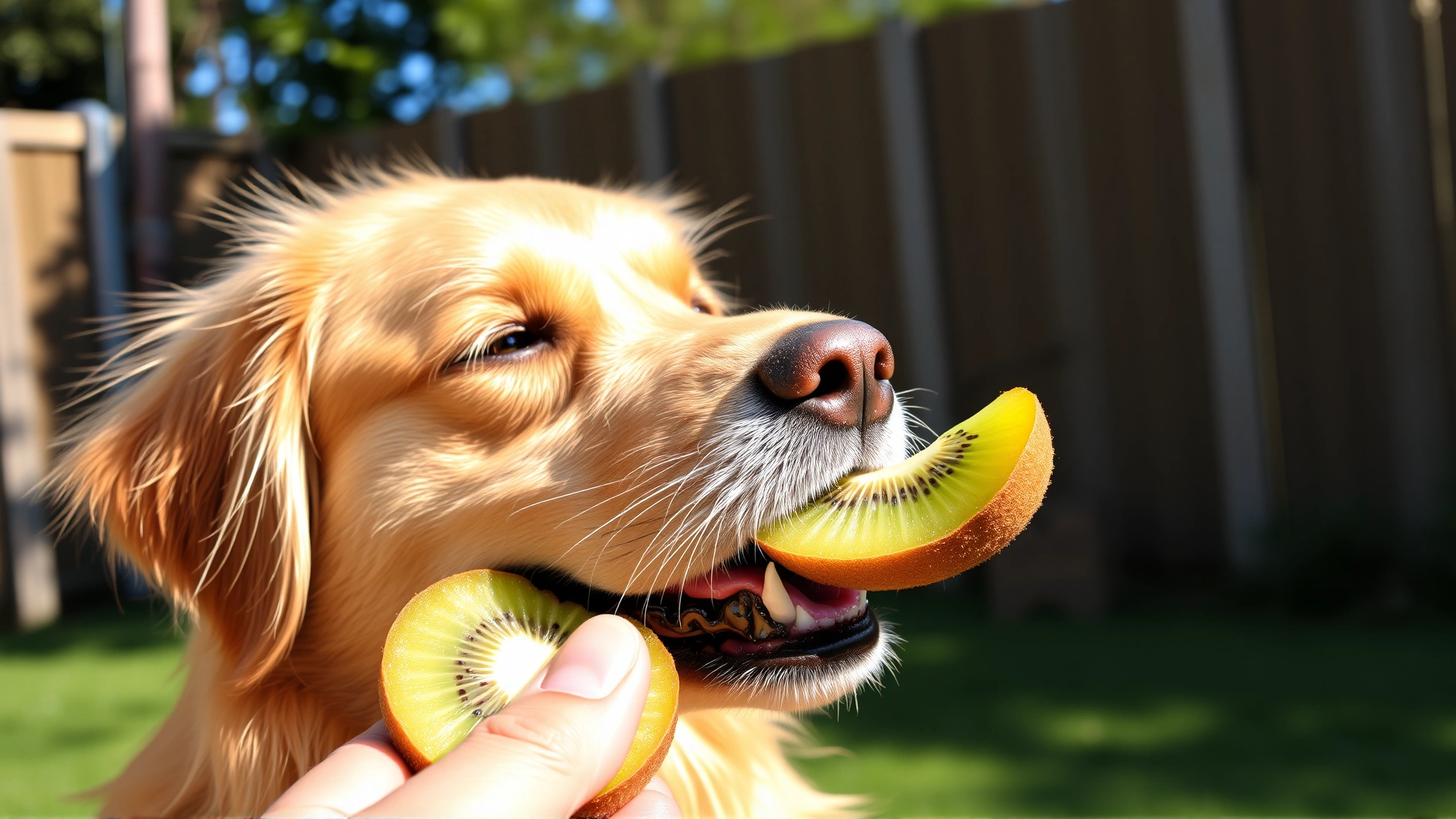 Close-up of a happy golden retriever gently chewing a small piece of kiwi held by its owner in a sunny backyard, vibrant colors, no text