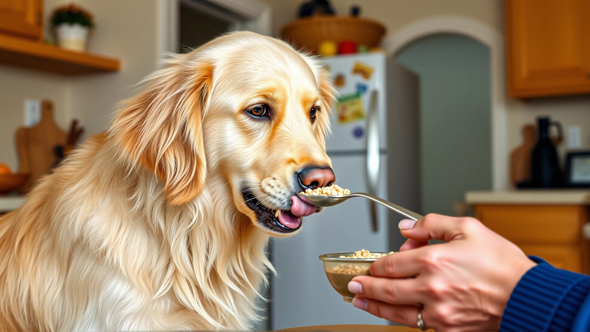 Golden retriever licking a spoonful of oatmeal offered by its owner in a cozy home kitchen, candid moment, natural lighting