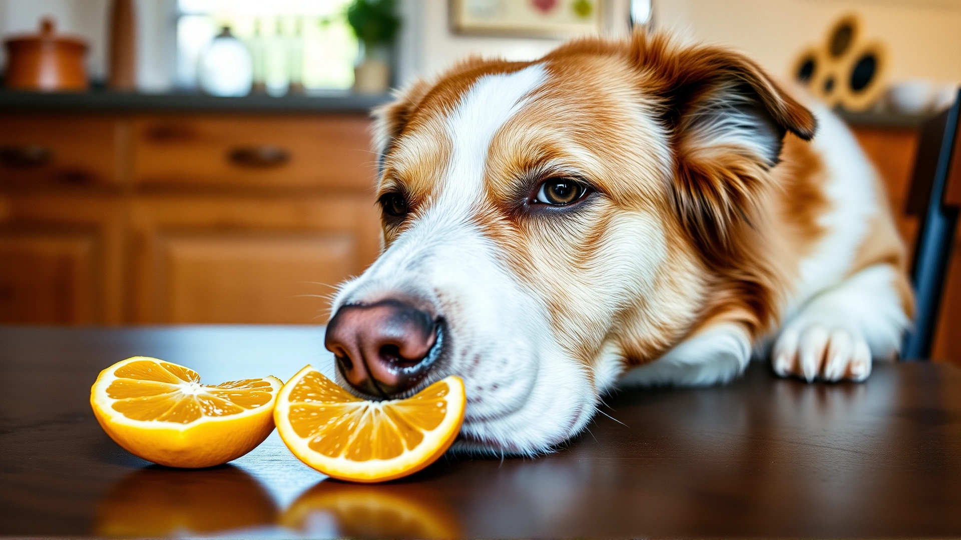 Close-up of a medium-sized mixed breed dog sniffing a peeled orange slice on a wooden kitchen table, natural light, warm color grading