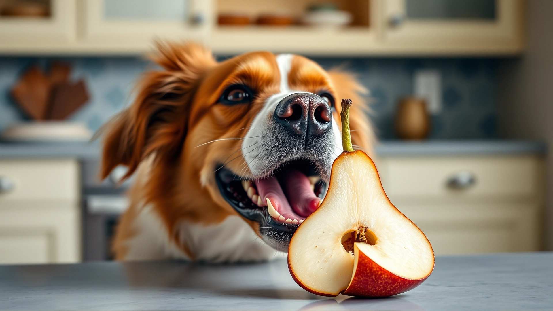 Close-up of a joyful dog about to munch a sliced pear on a kitchen countertop, shallow depth of field, vibrant colors