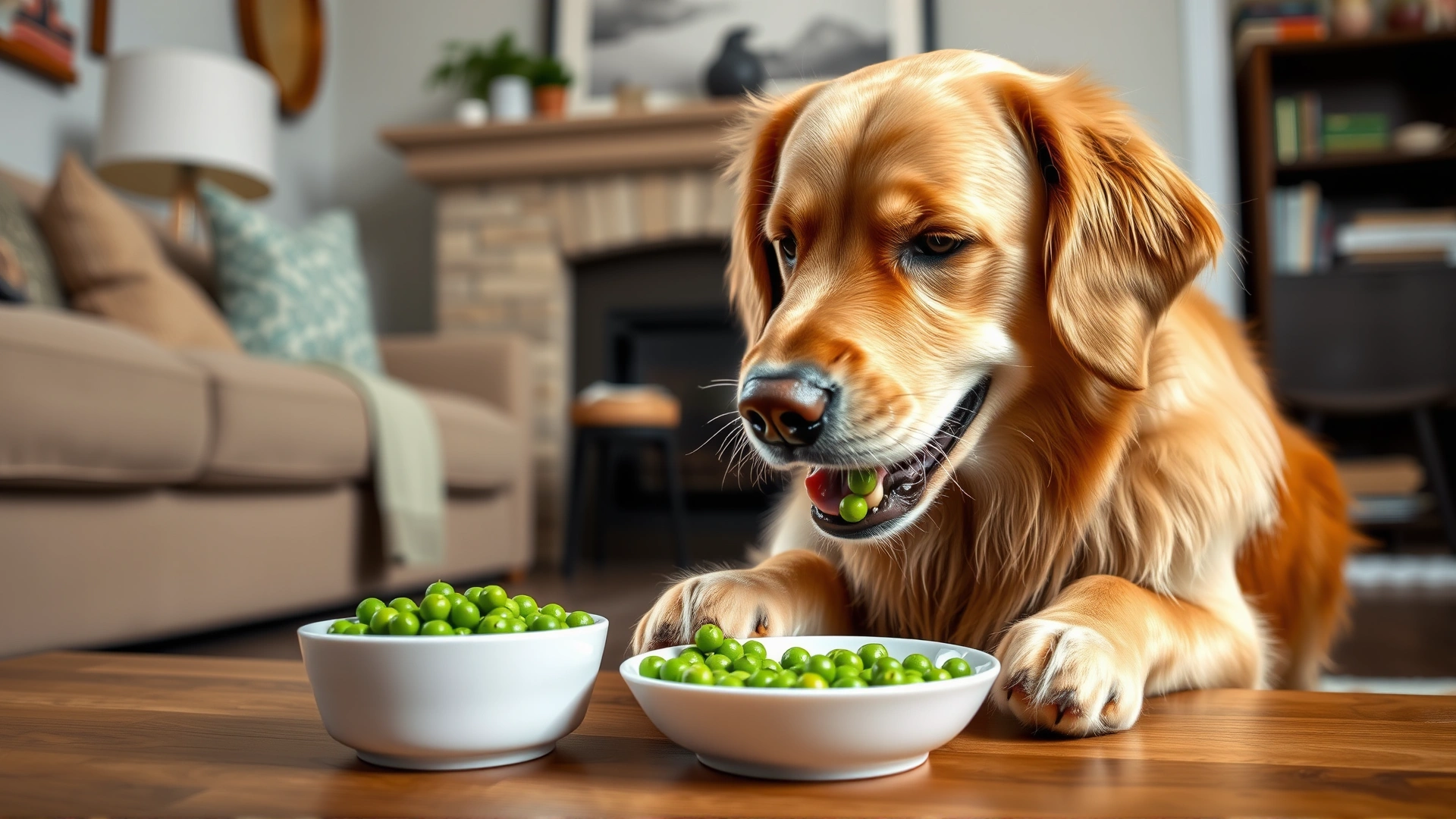 Medium-sized golden retriever happily munching on peas from a small white bowl in a cozy living room