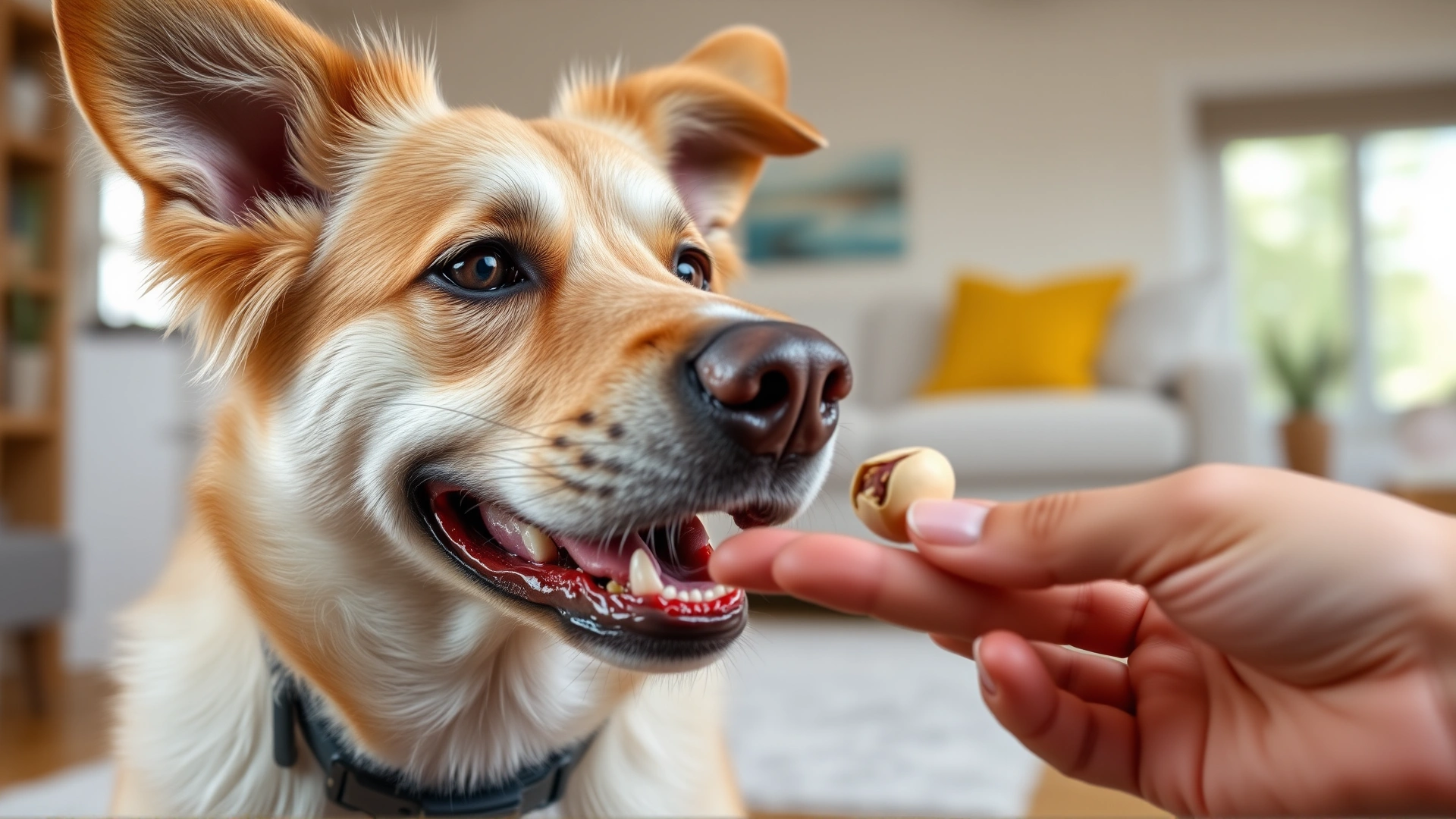Happy medium-sized dog cautiously eating a single shelled pistachio offered by owner's hand, living room setting, daylight, high resolution photo