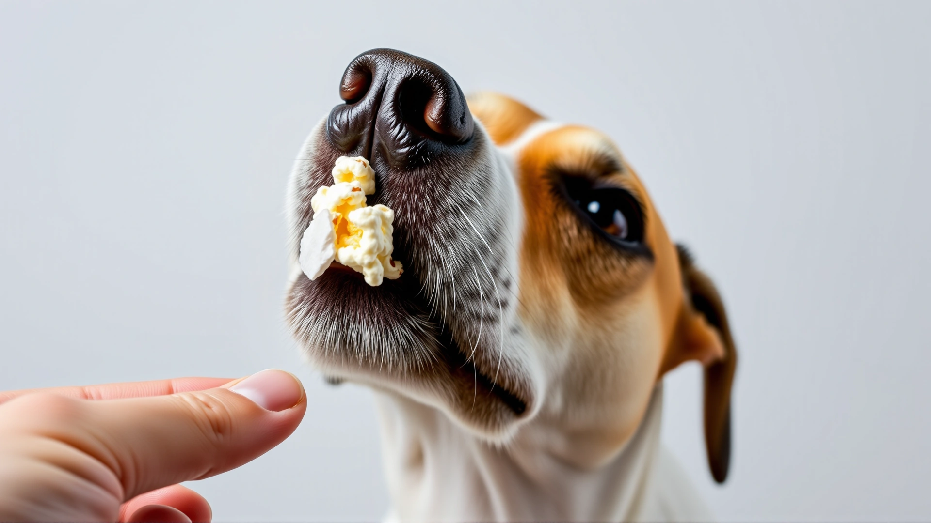 Close-up of a playful dog gently taking a single piece of popcorn from a person's hand; neutral background, sharp focus on the dog's muzzle and popcorn