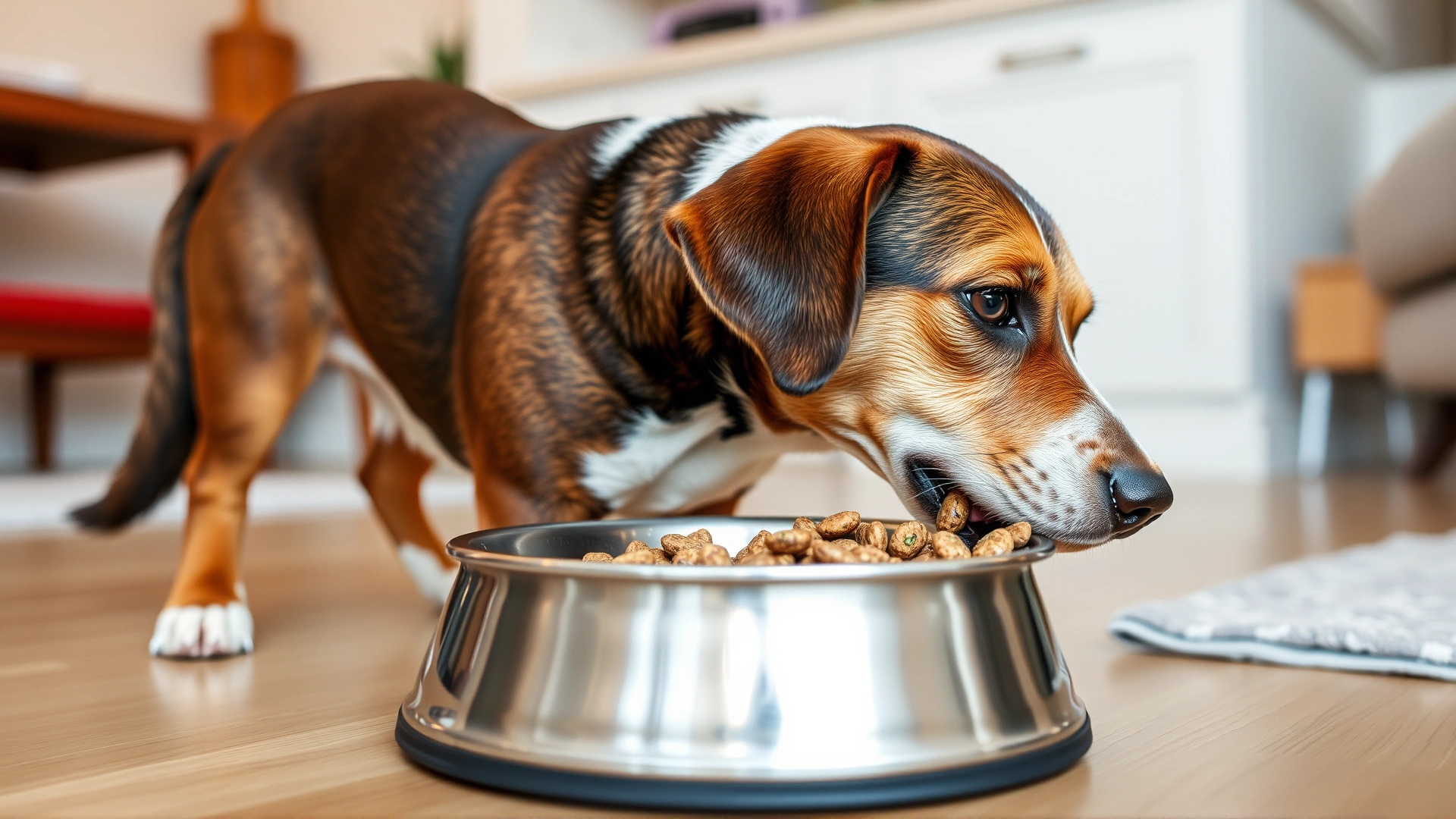 Side view of a healthy-looking dog eating from a stainless steel bowl filled with veterinary prescription kibble, in a clean home environment.