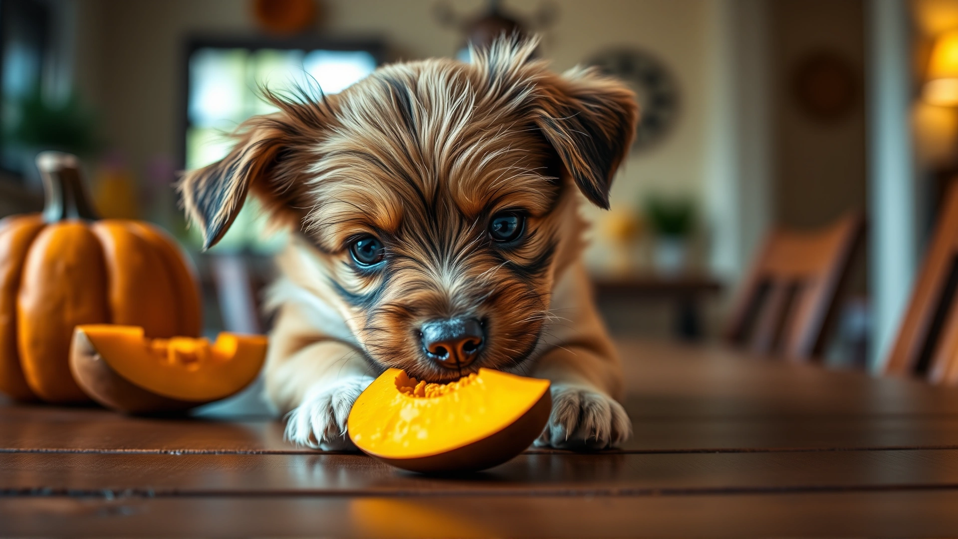 Cute dog sniffing or licking a fresh slice of pumpkin on a wooden table, shallow depth of field, cozy indoor lighting.