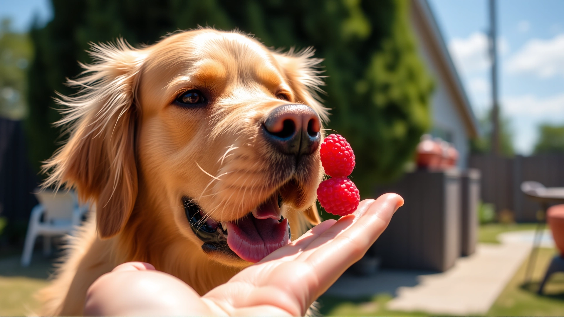Golden retriever gently taking a raspberry from its owner's hand in a sunny backyard