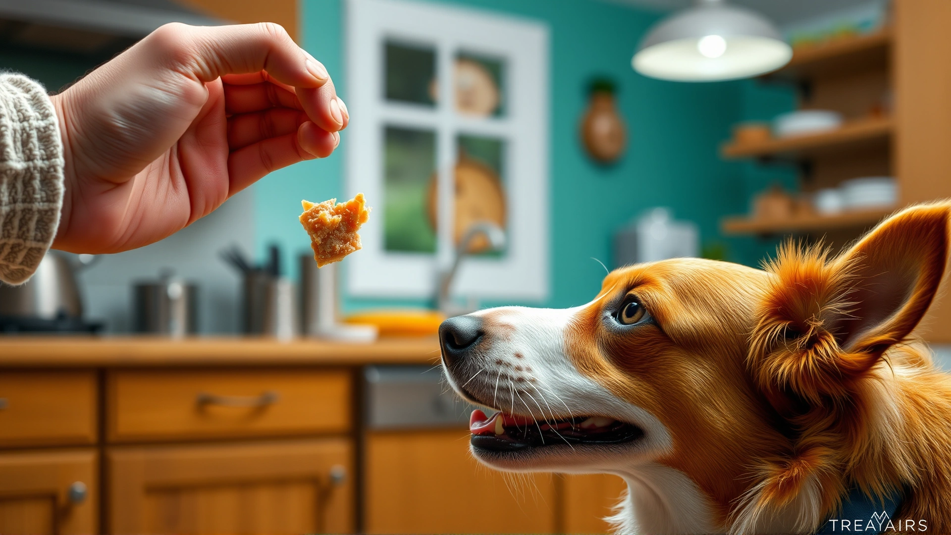 Owner's hand offering a small flake of cooked tuna to an eager dog in a bright kitchen