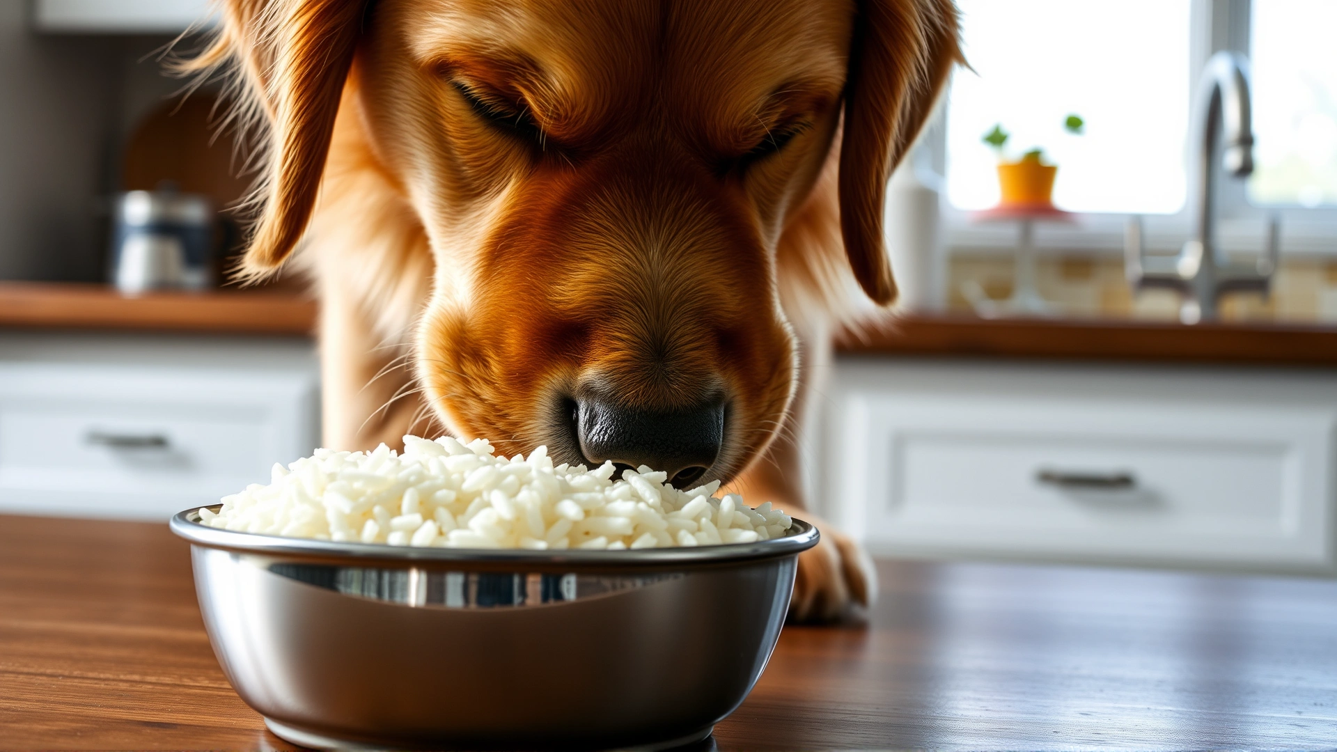 Close-up shot of a Golden Retriever eating plain white rice from a stainless steel bowl, kitchen background, natural lighting.